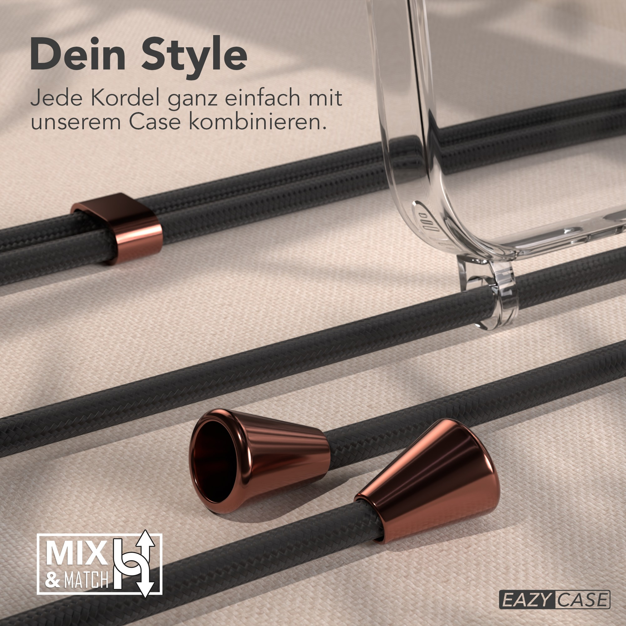 Ein klares Handycase mit schwarzen Kordeln, Kupferakzenten und Text. Der Hintergrund ist beige.
