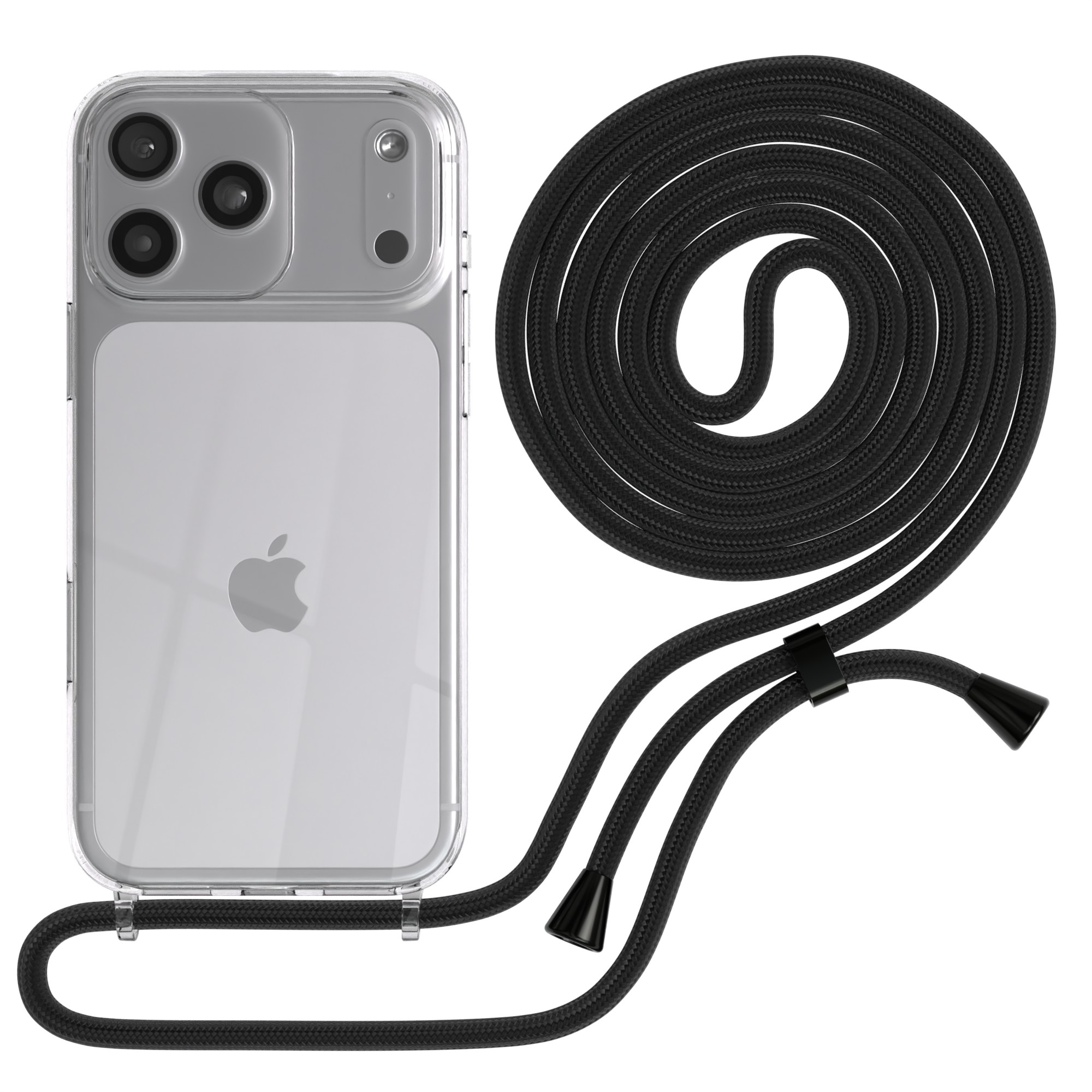 Transparente Handyhülle mit schwarzem Umhängeband. Das Telefon ist silberfarben mit Apple-Logo.