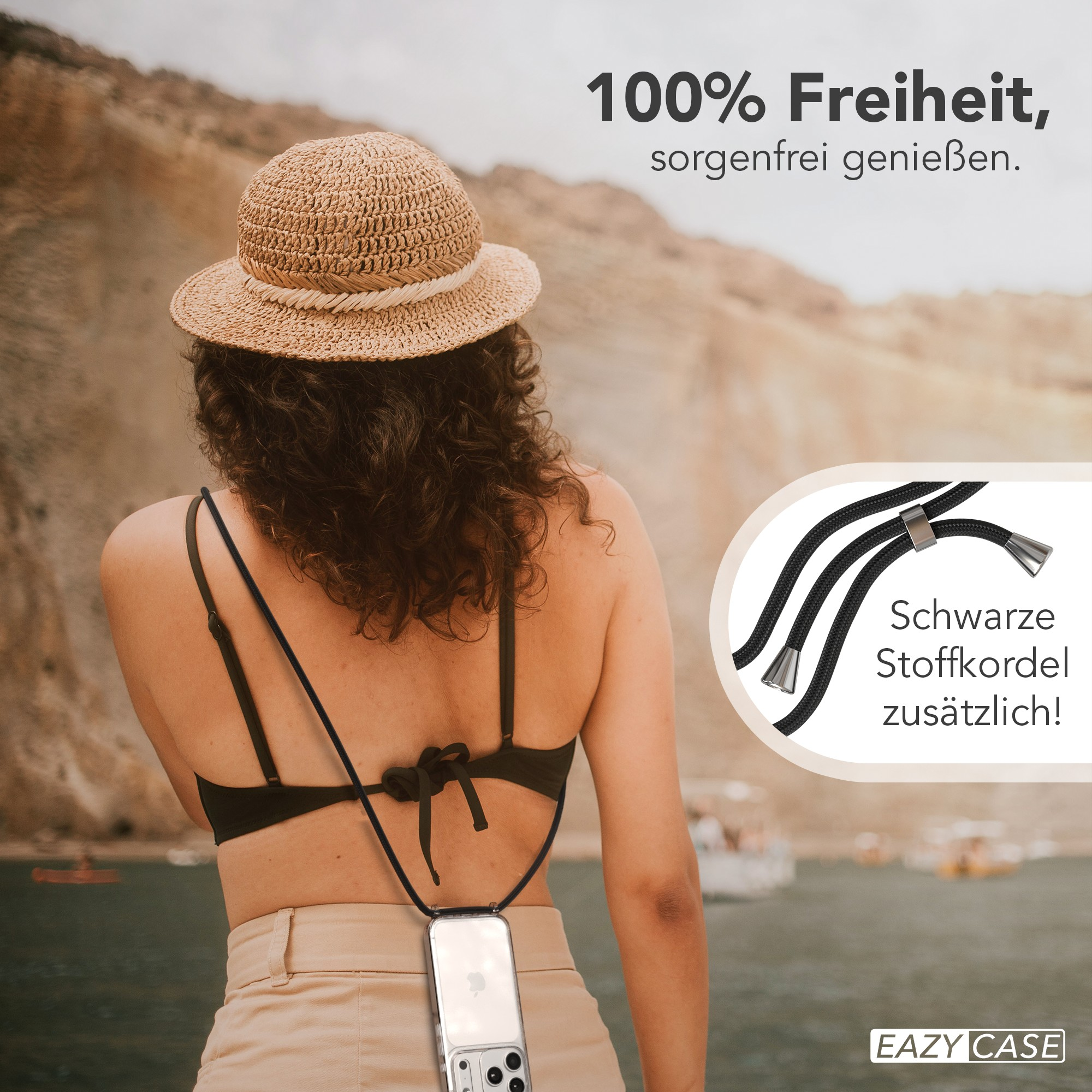 Frau mit Hut, schwarzem Oberteil und beiger Hose. Ein Telefon mit schwarzem Riemen hängt vorne. Text: '100% Freiheit'.