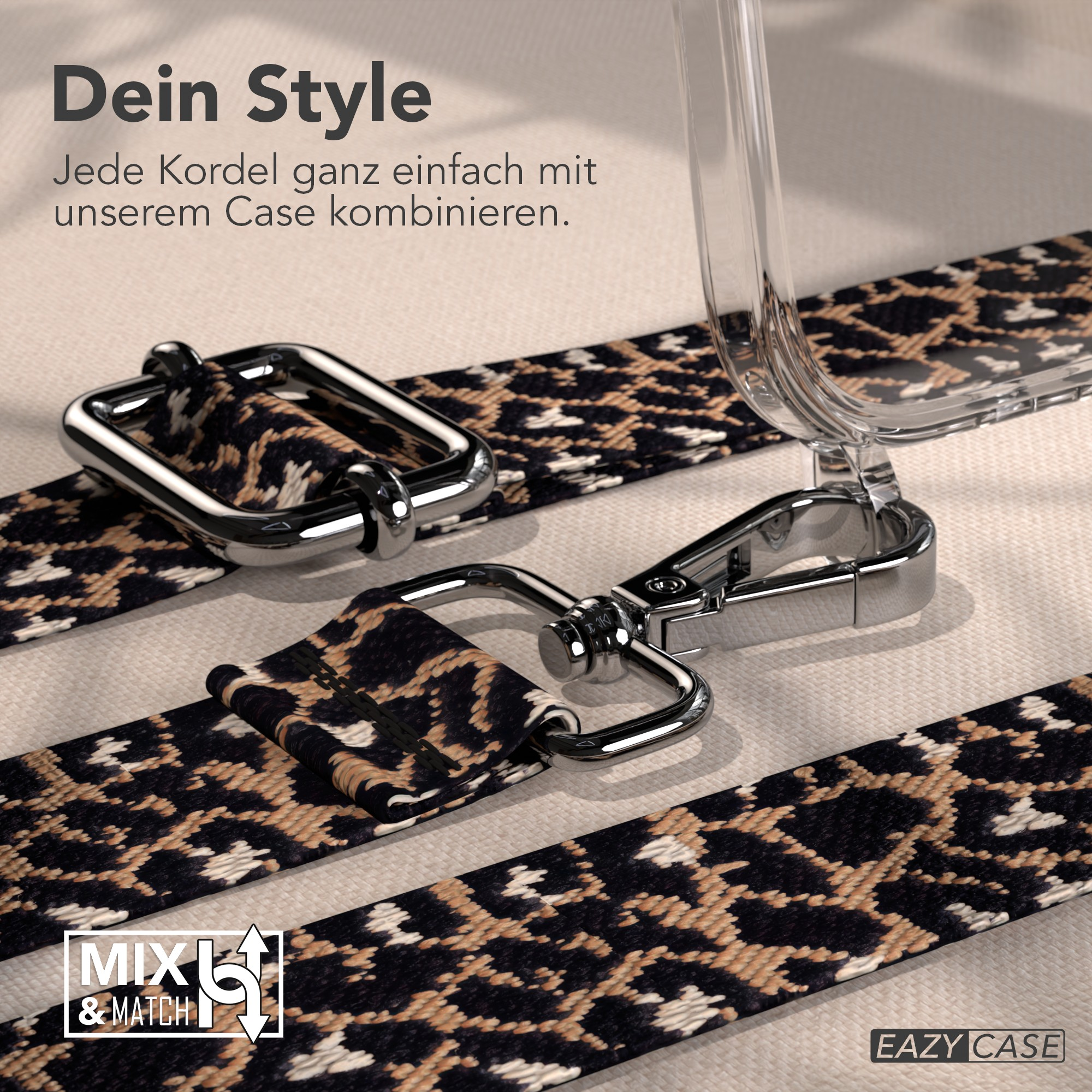 Ein Handycase mit Leopardenmuster-Gurt, Metallverschlüssen und einer transparenten Hülle. Der Hintergrund ist beige.