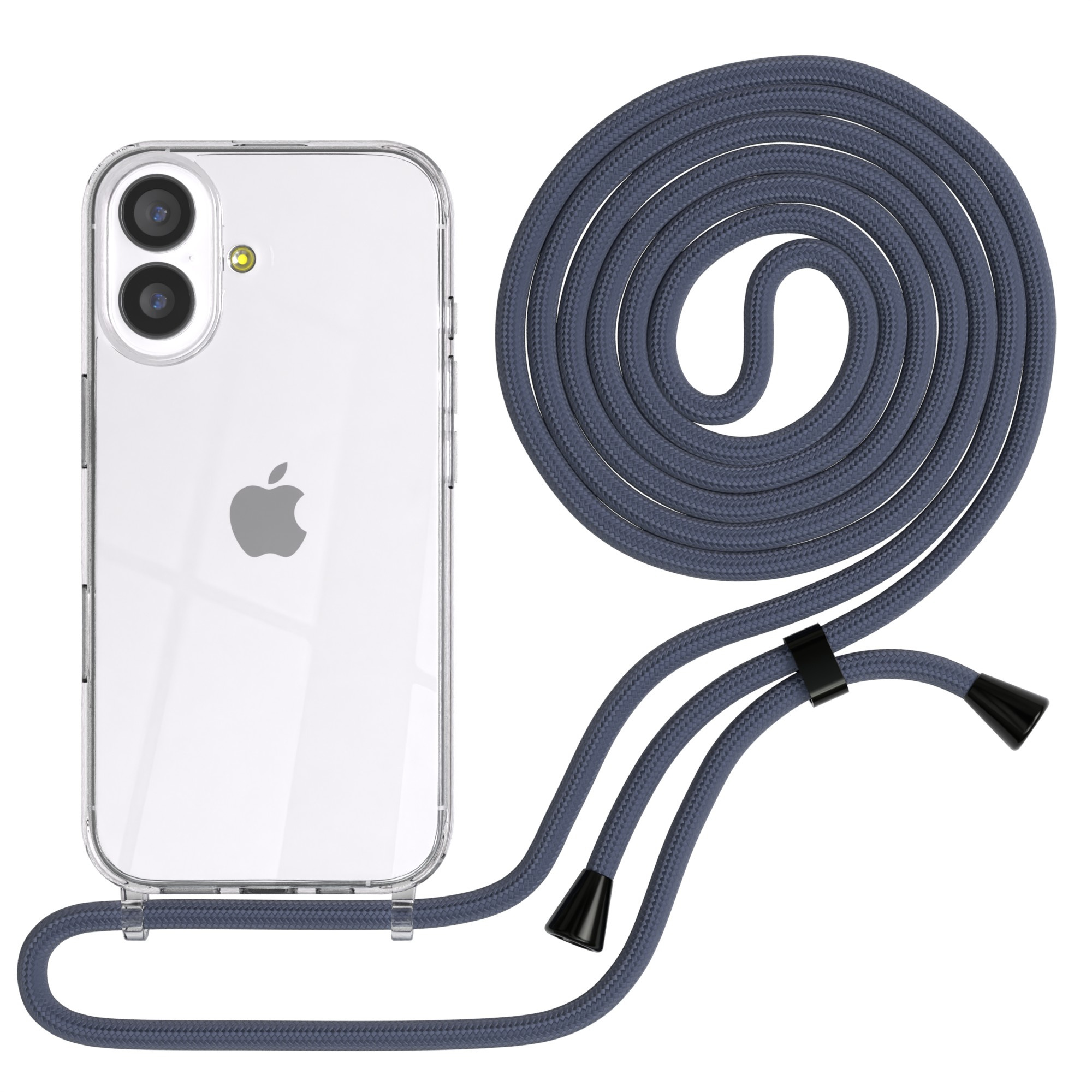 Eine transparente Handyhülle mit Apple-Logo, befestigt an einem dunkelblauen Schlüsselband. Das Schlüsselband ist geschlungen und hat schwarze Akzente.