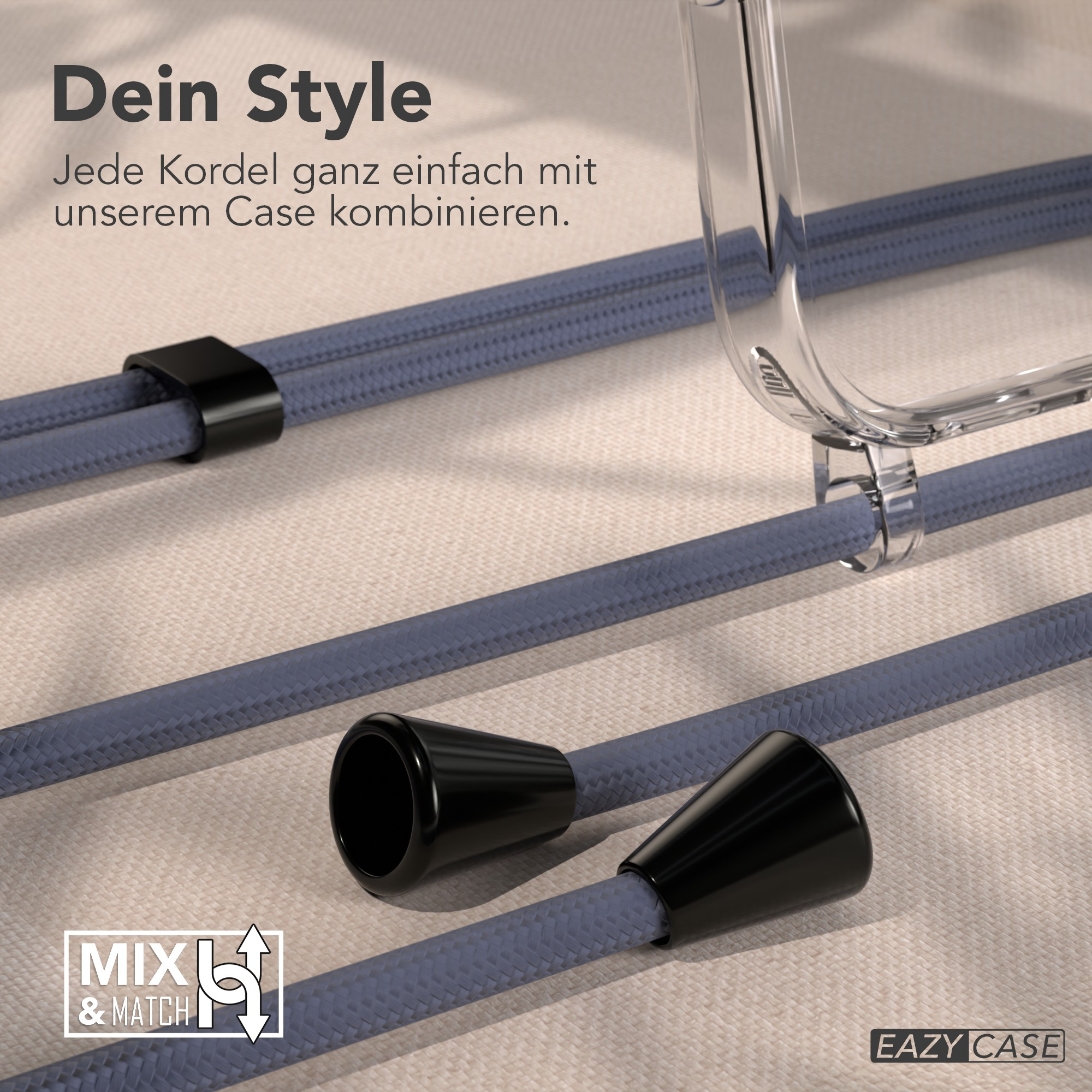 Das Bild zeigt Telefonschnüre mit schwarzen Steckern, eine transparente Handyhülle und Text: Dein Style, Mix & Match und Eazy Case.