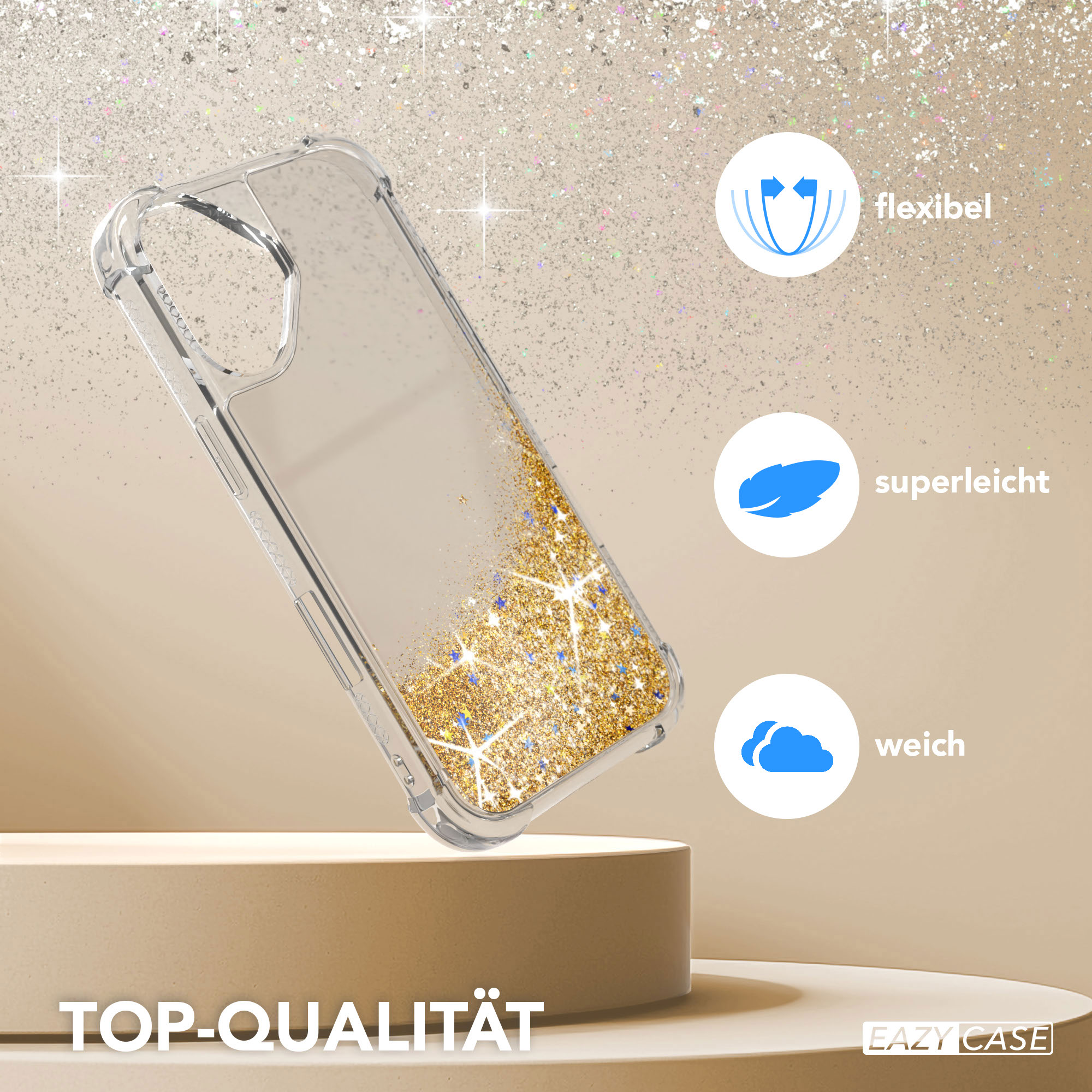 Transparente Handyhülle mit goldenem Glitzer, auf beigem Ständer. Flexibel, superleicht und weich. Top Qualität.