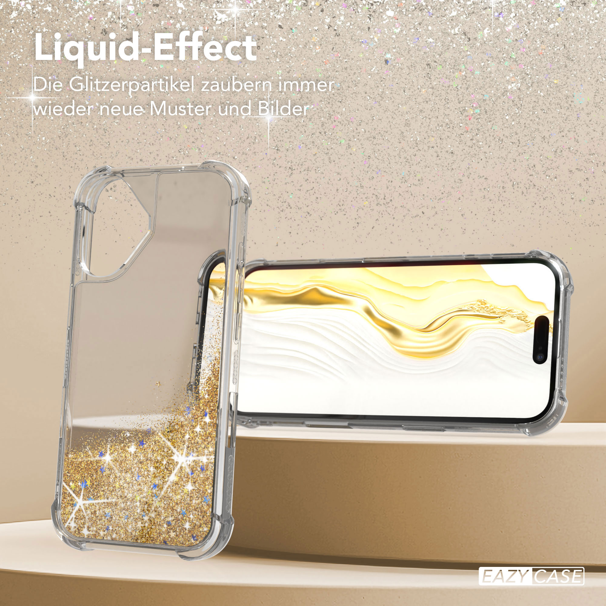 Transparente Handyhüllen mit Glitzereffekt. Eine Hülle steht, eine andere hält ein Telefon mit goldener Flüssigkeit.