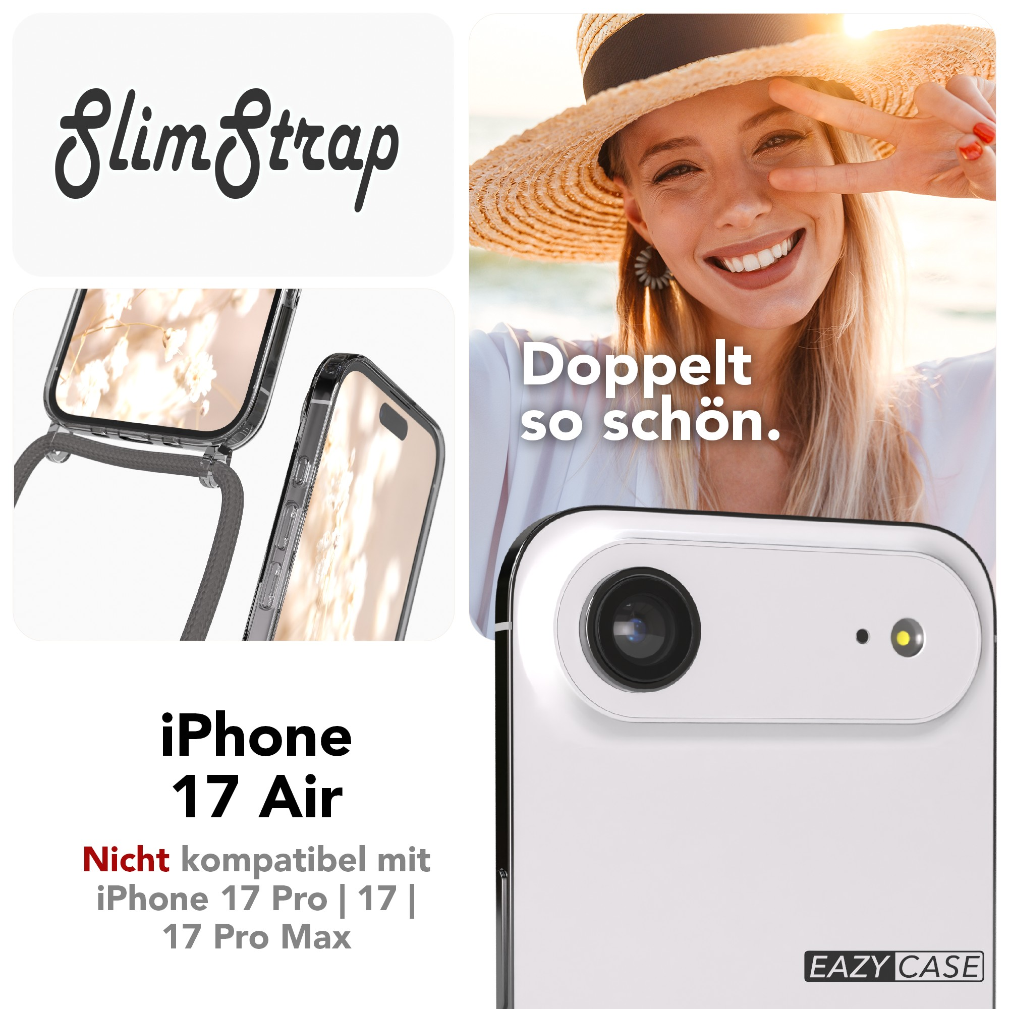 Bild mit Handyhülle, Frau mit Hut und Text 'Slim Strap' und 'iPhone 17 Air'.