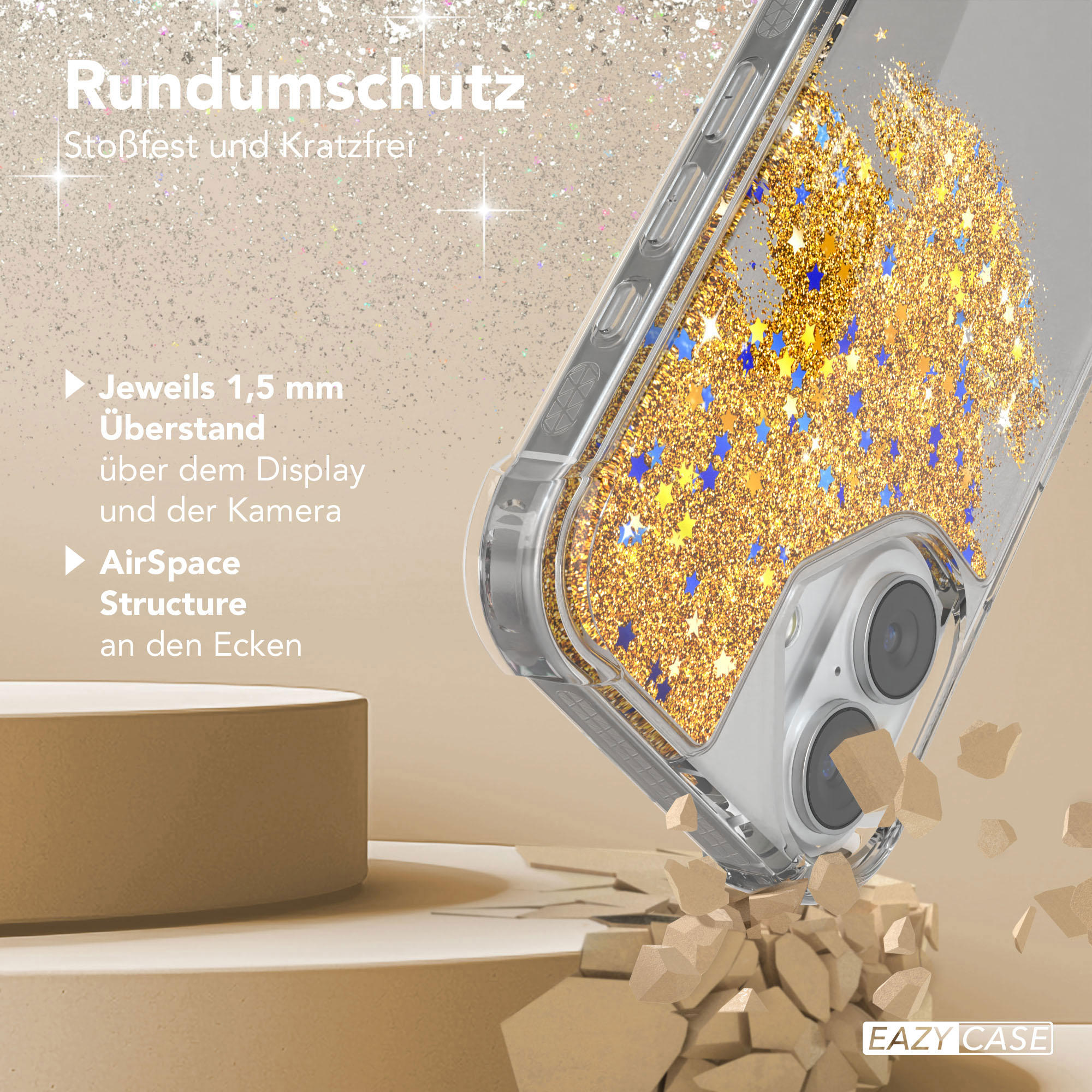 Transparente Handyhülle mit goldenem Glitzer und blauen Sternen. Sie ist abgewinkelt und zeigt die Kamera und eine zerbrochene Basis.