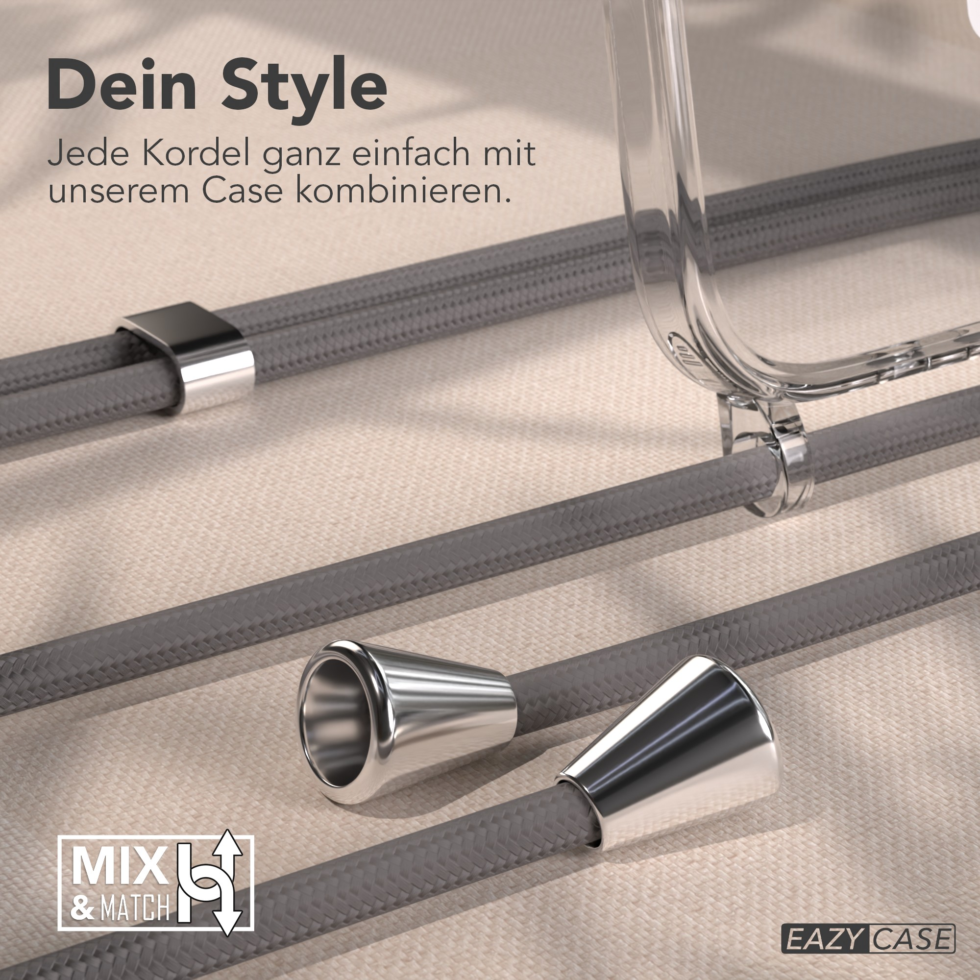Das Bild zeigt eine klare Handyhülle mit grauen Kordeln und Metallbeschlägen. Text sagt 'Dein Style' und 'Mix & Match'.