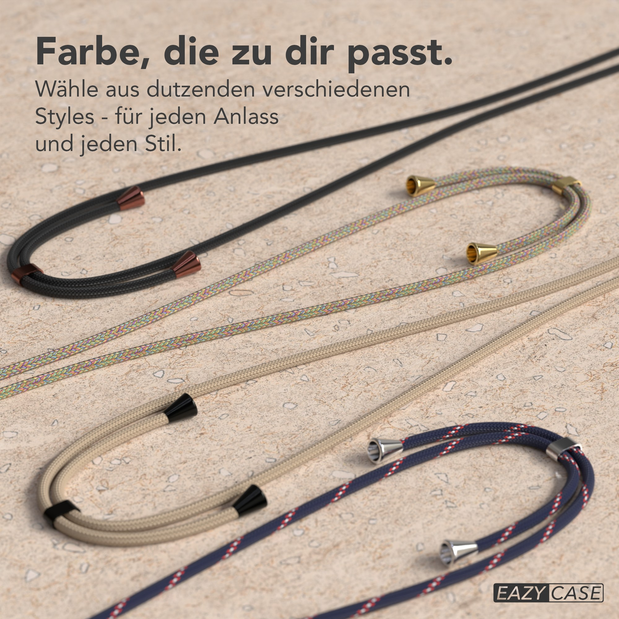 Das Bild zeigt vier Handy-Lanyards in verschiedenen Farben und Stilen auf einer beigen Oberfläche. Text oben: Farbe, die zu dir passt.