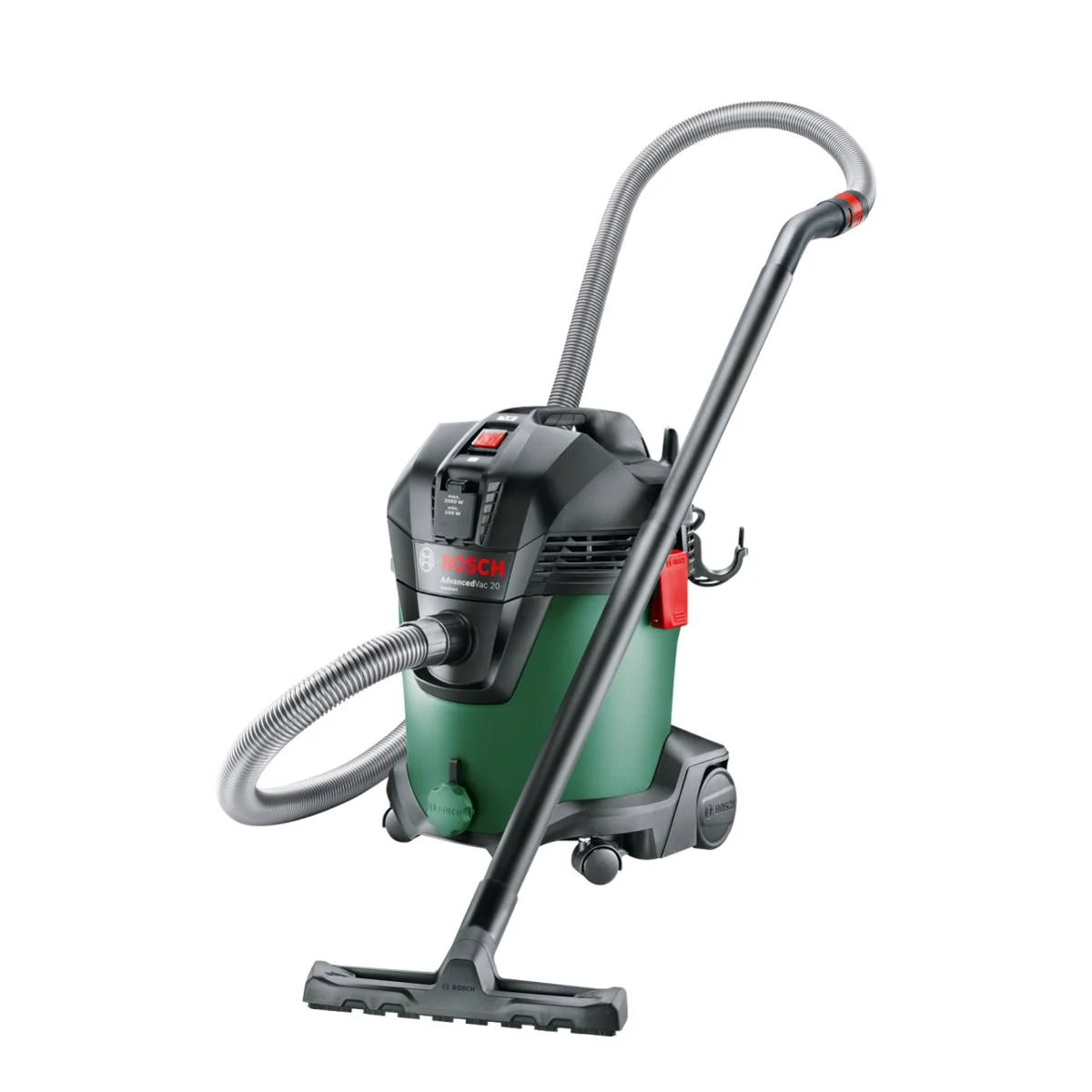 Yeşil ve siyah bir Bosch elektrikli süpürge. Uzun hortum, tutma kolu ve zemin aparatı bulunur. Beyaz bir arka plan üzerinde izole edilmiştir.