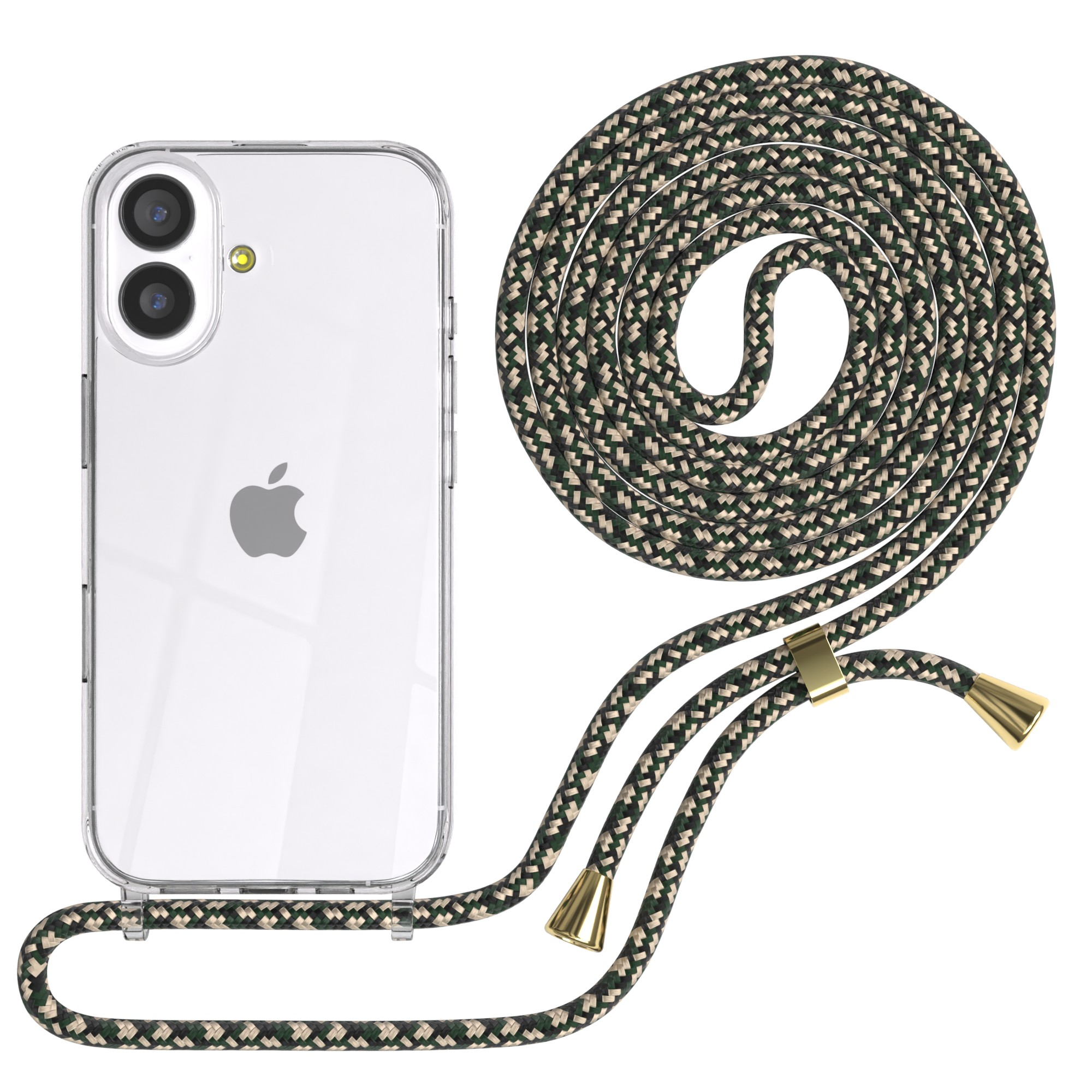 Transparente Handyhülle mit grünem, schwarzem und beigem Seilriemen. Das Telefon hat eine Kamera und ein Apple-Logo.