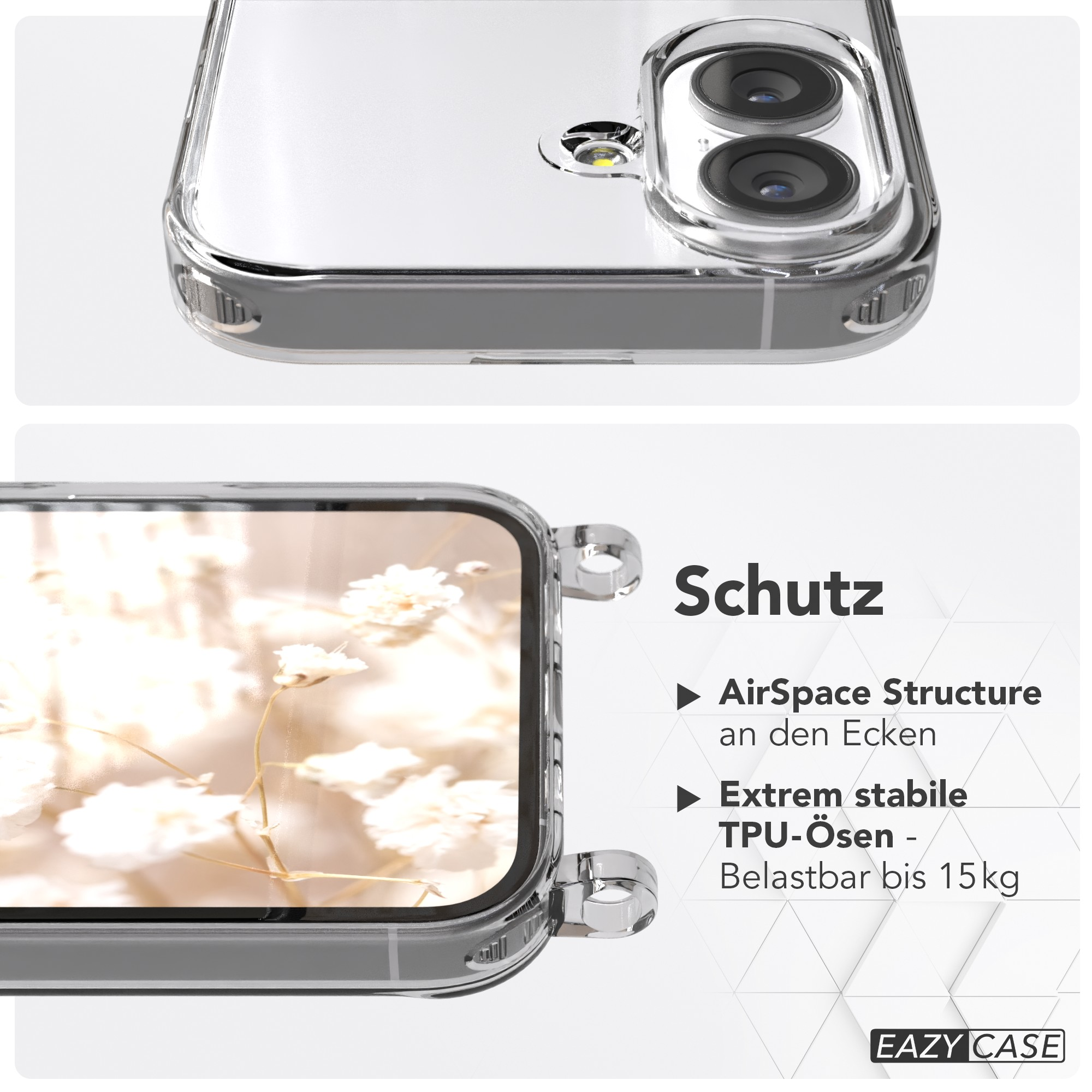 Transparente Handyhülle mit floralem Hintergrund. Merkmale: Kameralinse, Text 'Schutz' und Produktinformationen.