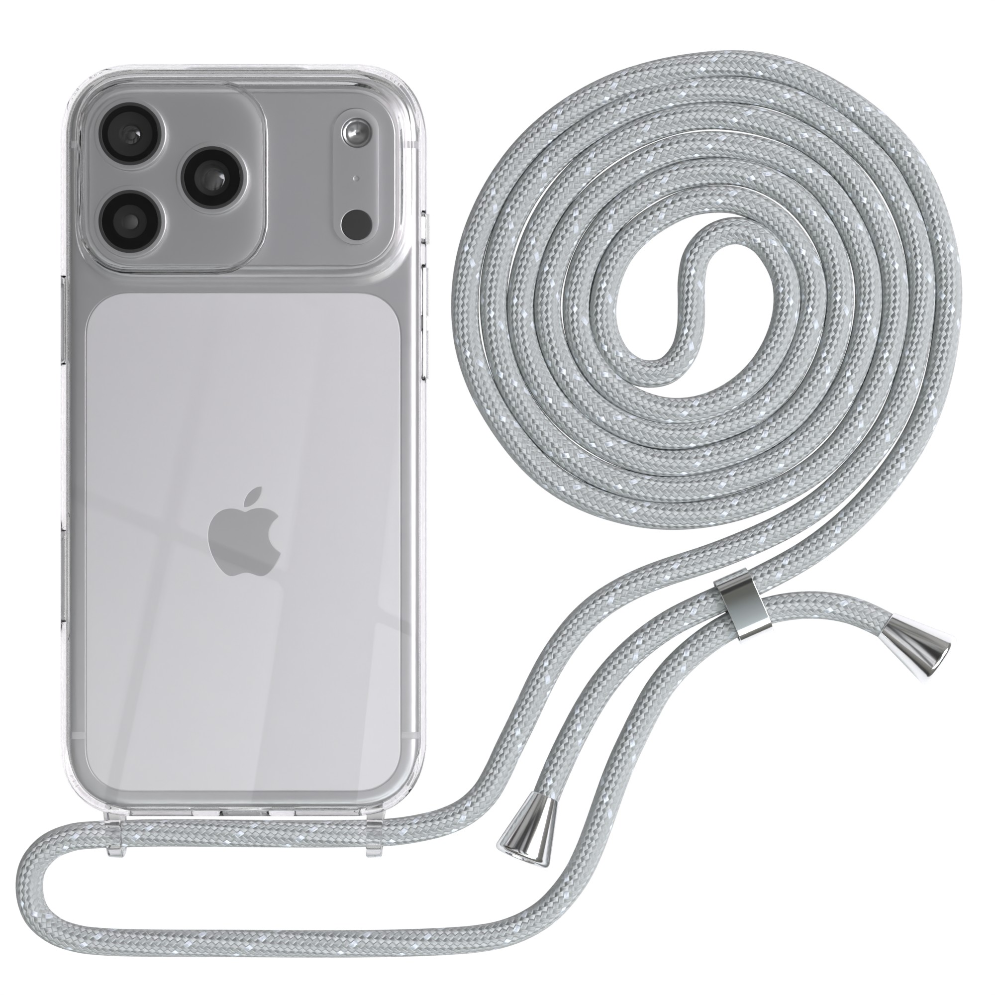 Transparente Handyhülle mit silbernem Seil. Das Seil ist aufgerollt und an der Hülle befestigt. Das Telefon hat drei Kameras.