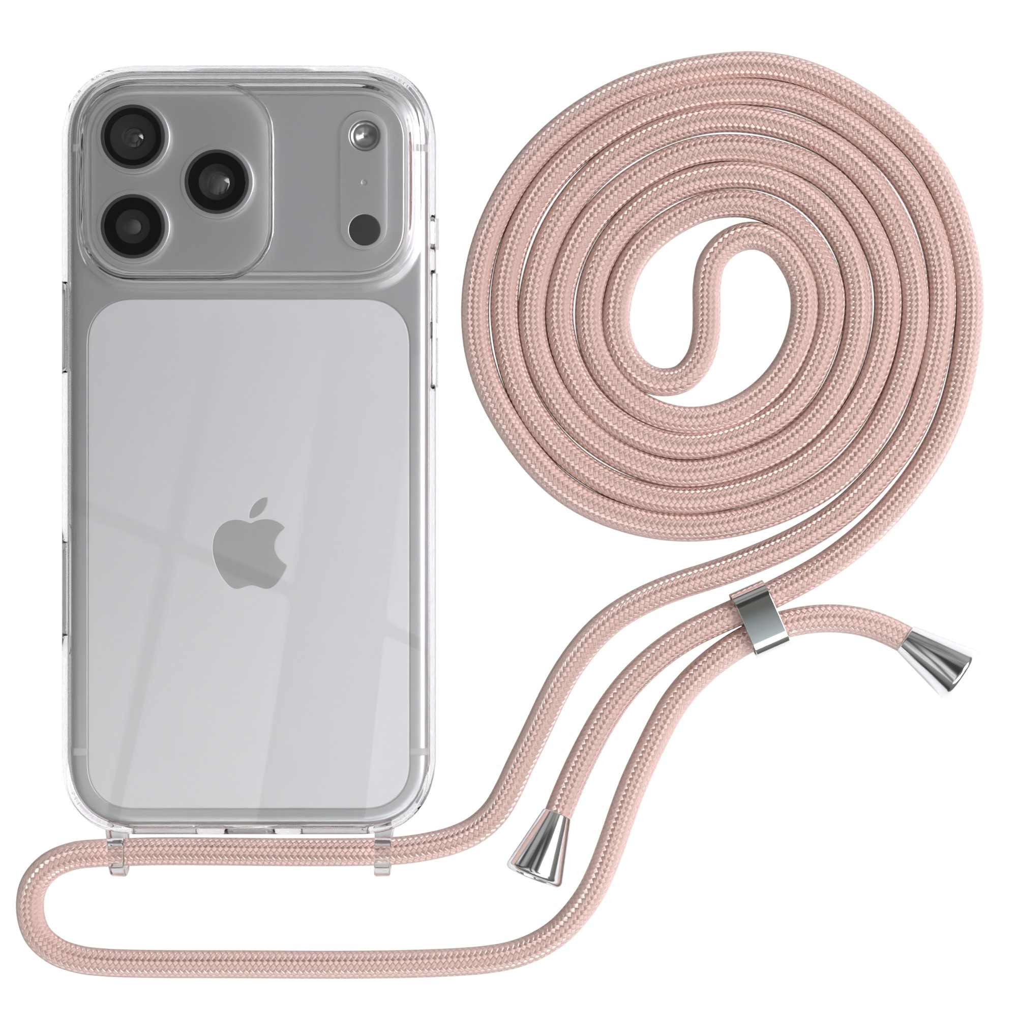 Eine klare Handyhülle mit rosa Kordel. Das Telefon hat mehrere Kameralinsen. Die Kordel ist geschlungen und befestigt.