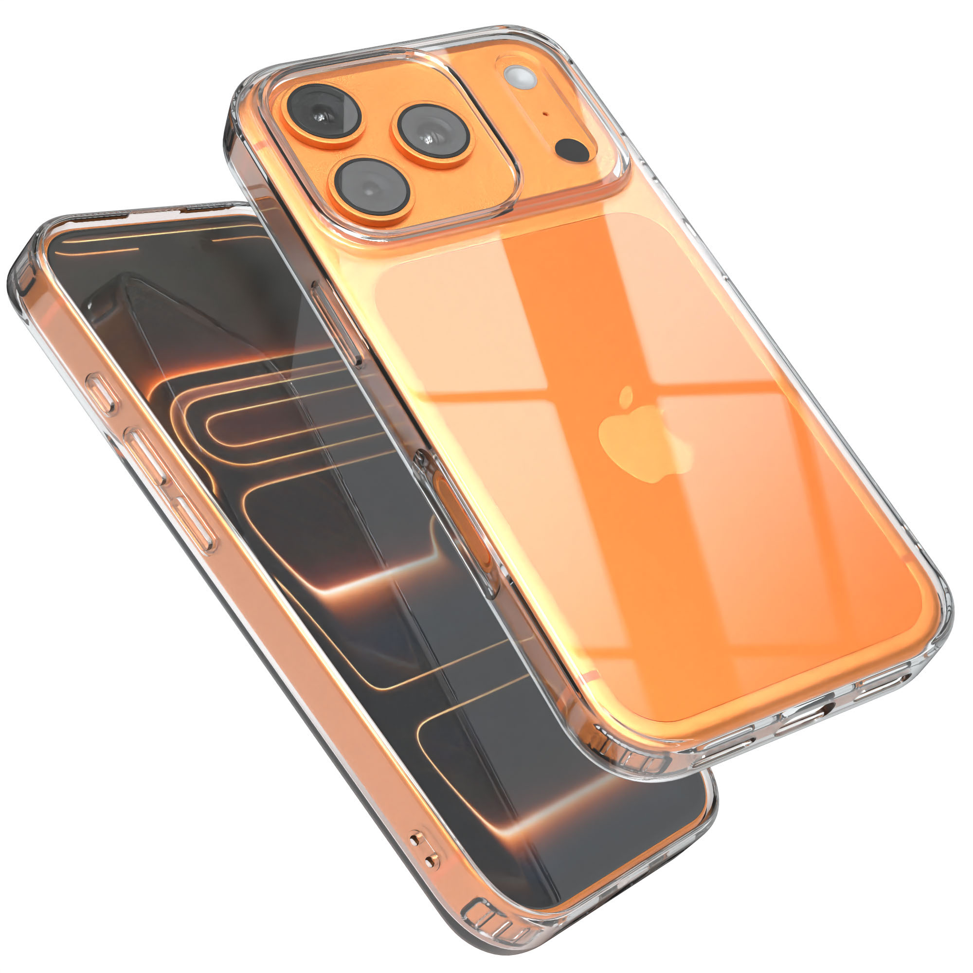 Ein orangefarbenes iPhone in einer durchsichtigen Hülle. Das Telefon ist leicht geneigt. Die Hülle hat einen durchsichtigen Stoßfänger.