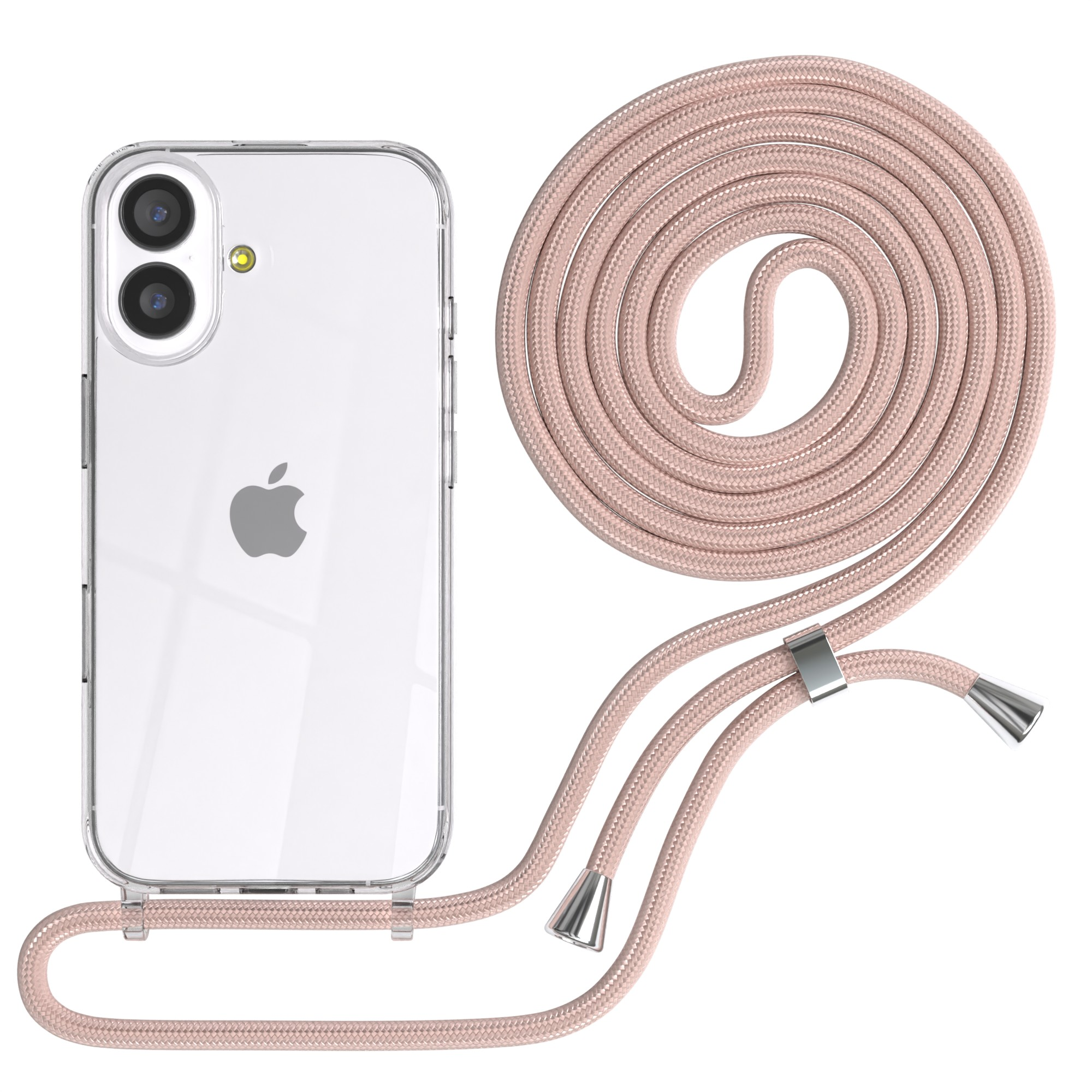 Transparente Handyhülle mit rosa Kordel. Das Telefon hat ein Apple-Logo. Die Kordel ist aufgerollt und hat silberne Hardware.