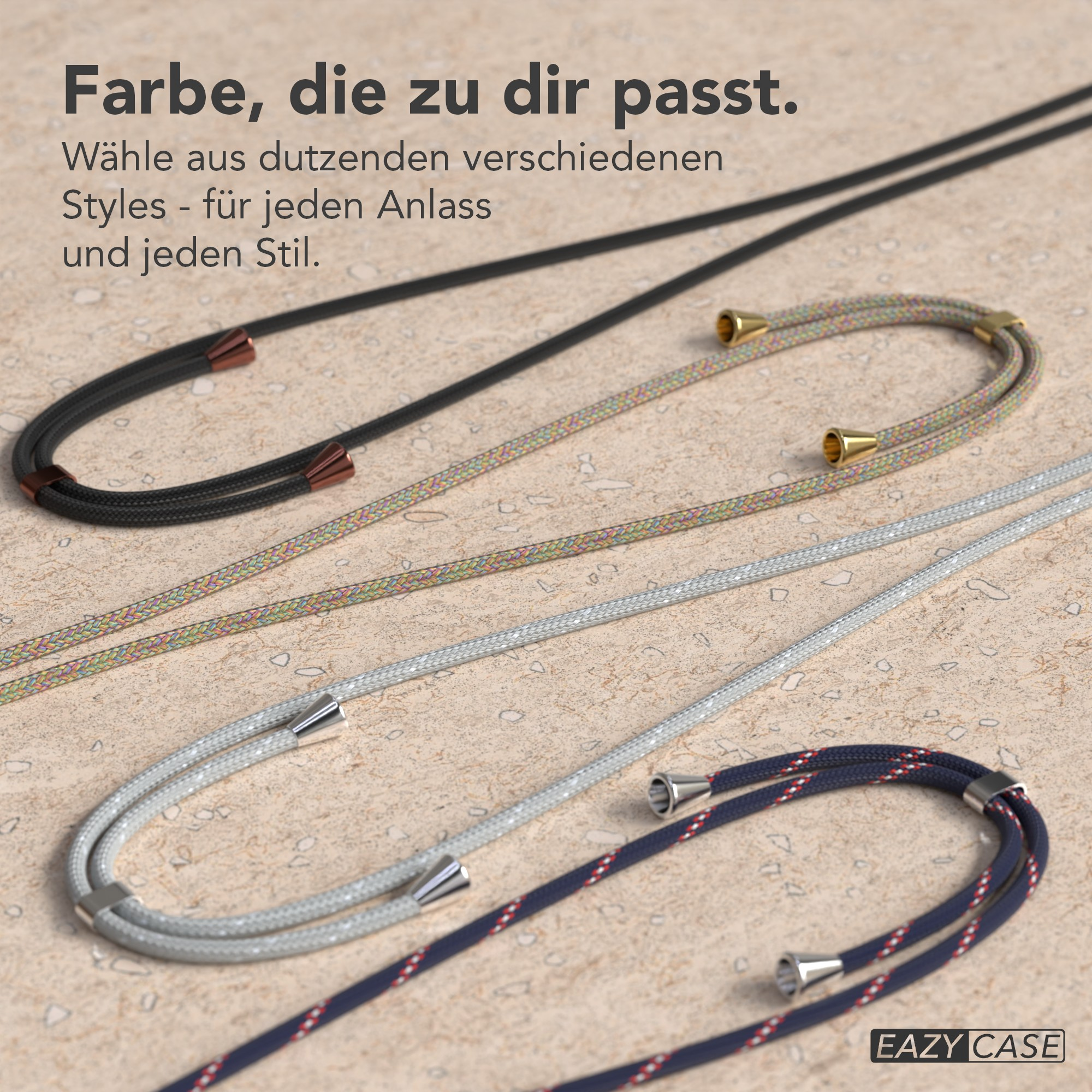 Das Bild zeigt Handylanyards in Schwarz, Mehrfarbig, Silber und Marineblau. Text-Overlays sagen 'Farbe, die zu dir passt'.