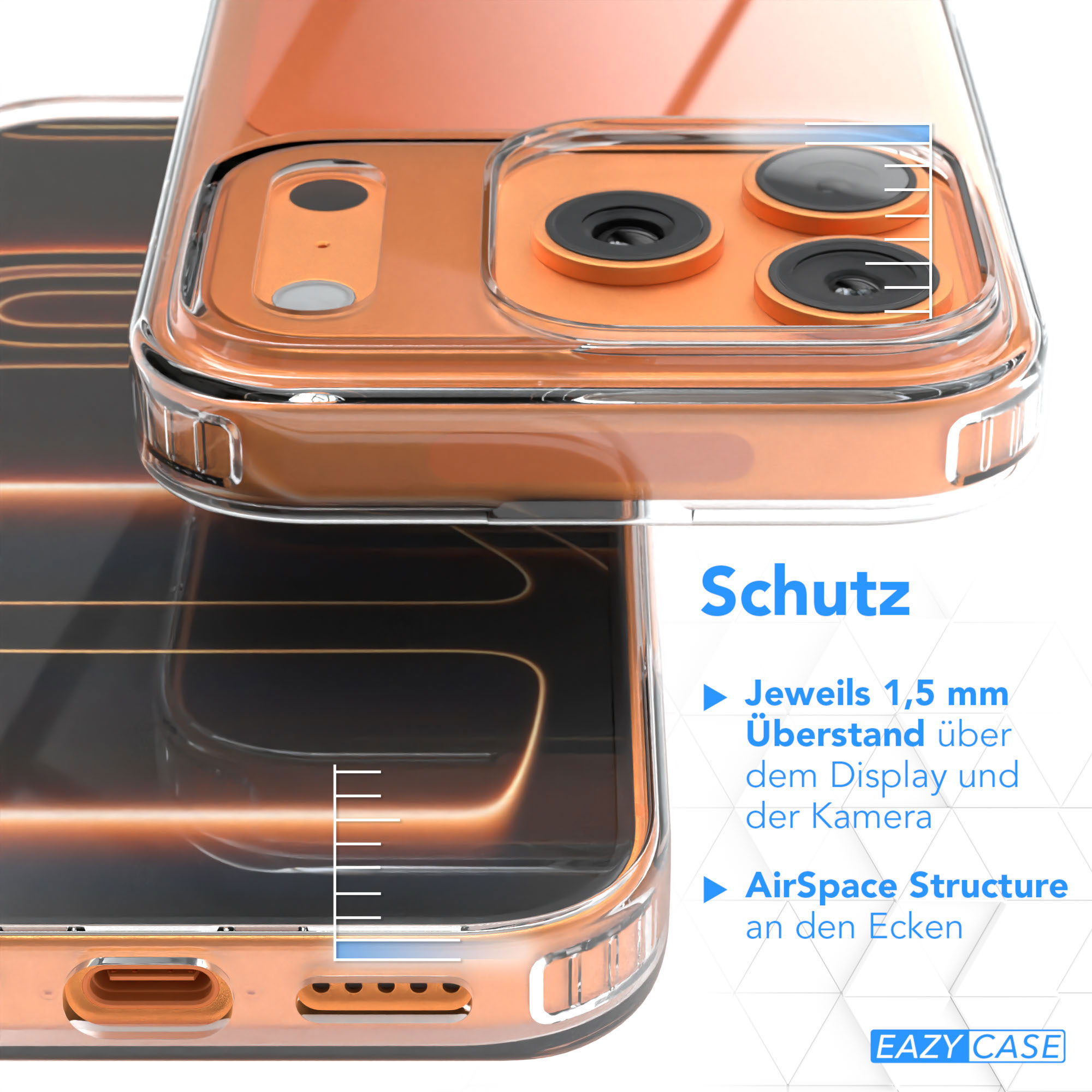 Eine transparente Handyhülle, die die orangefarbene Rückseite des Telefons zeigt. Die Hülle hat erhöhte Kanten für den Bildschirm und die Kamera.