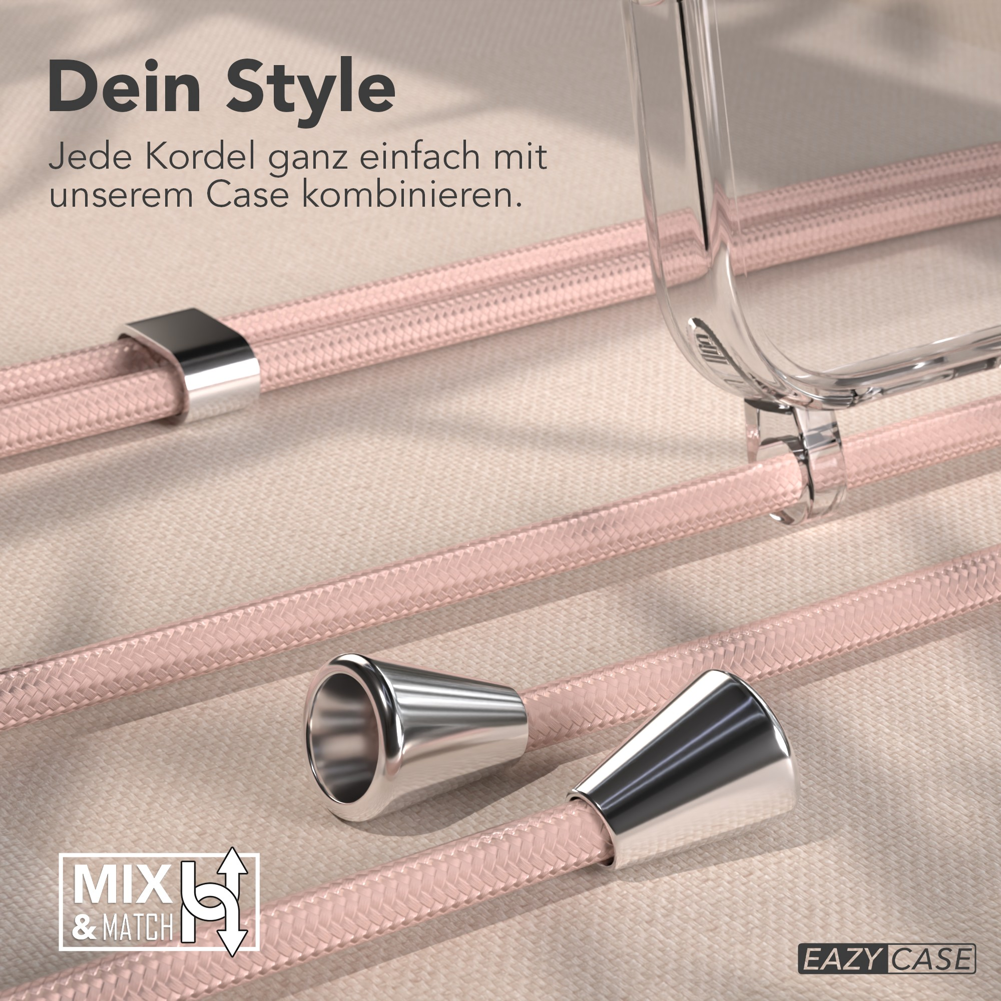 Das Bild zeigt rosa Handykabel mit metallischen Akzenten. Eine transparente Handyhülle ist sichtbar. Text 'Dein Style'.