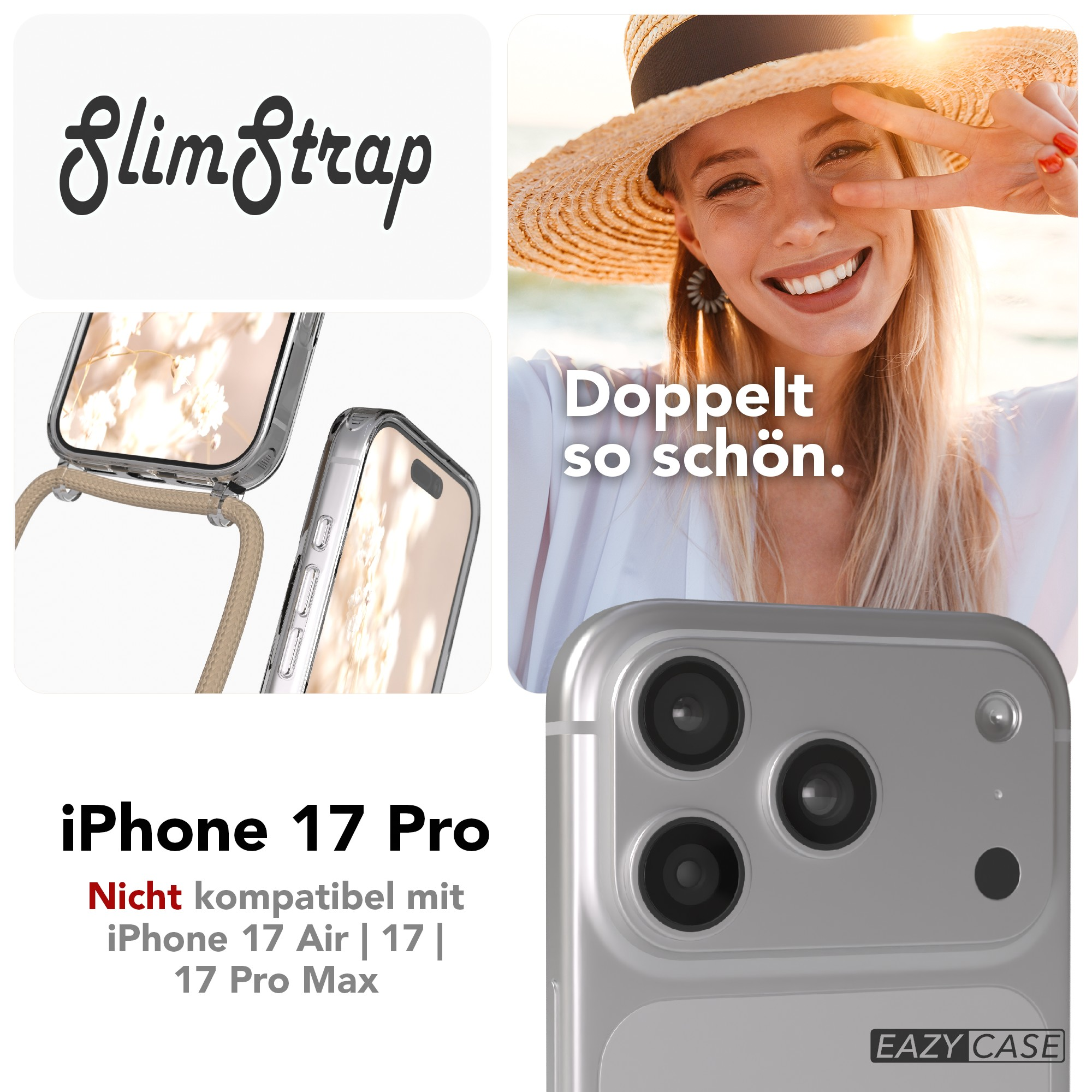 Das Bild zeigt eine Frau mit Friedenszeichen, Handyhüllen und den Texten 'SlimStrap', 'iPhone 17 Pro' und 'EAZY CASE'.