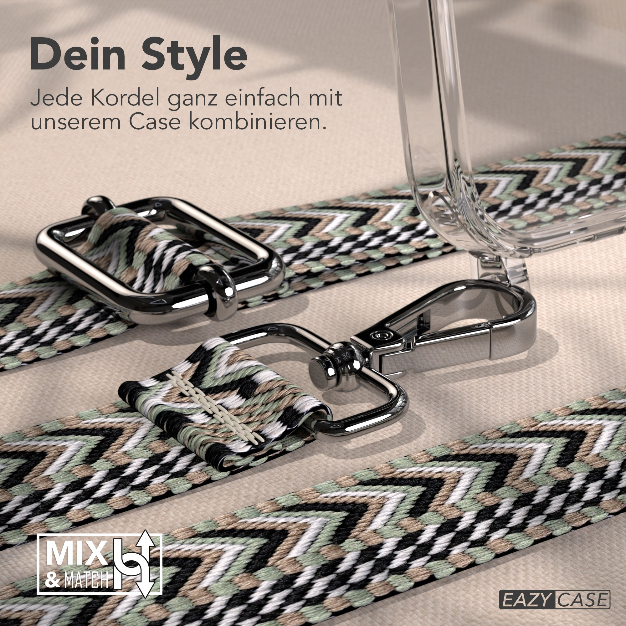 Nahaufnahme eines Handyhüllenriemens mit Metallverschlüssen und einem farbenfrohen, gemusterten Stoff. Der Hintergrund ist beige.