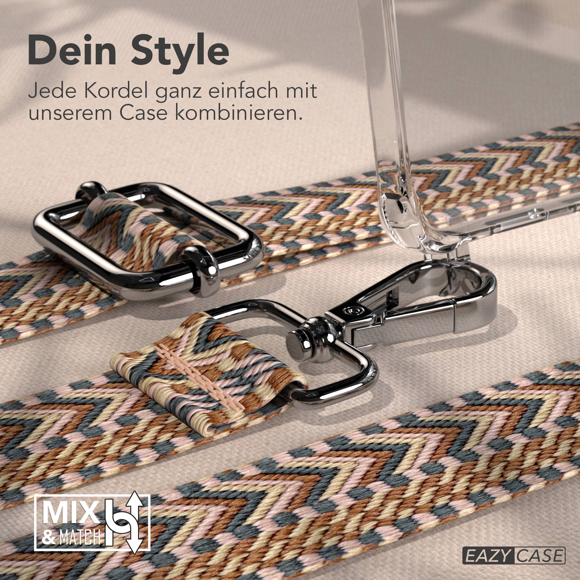 Nahaufnahme einer Handyhülle mit einem Gurt. Der Gurt ist mit Braun, Rosa und Grau gemustert. Text: Dein Style, Mix & Match.