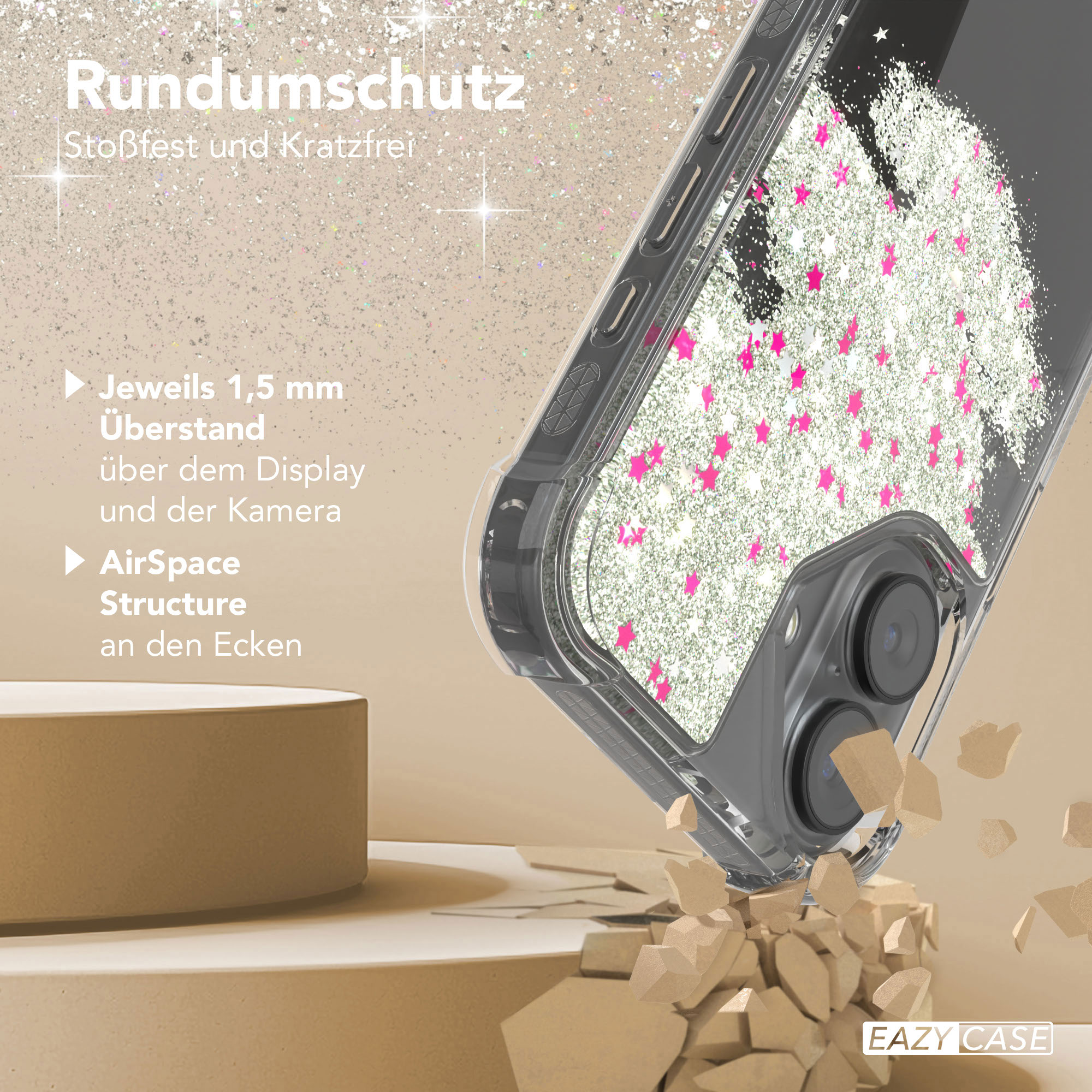 Eine Handyhülle mit Glitzer und rosa Sternen. Die Hülle befindet sich auf beigem Hintergrund mit Text.