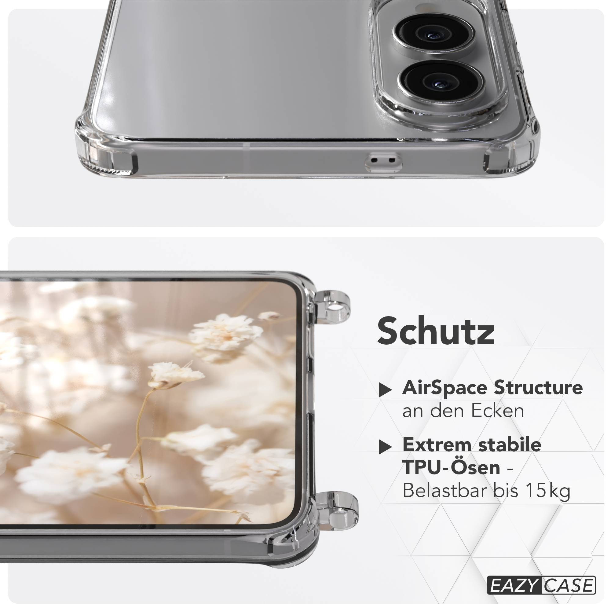 Eine transparente Handyhülle zeigt Blumen. Der Text lautet 'Schutz' mit Funktionen wie AirSpace-Struktur und TPU-Ösen.