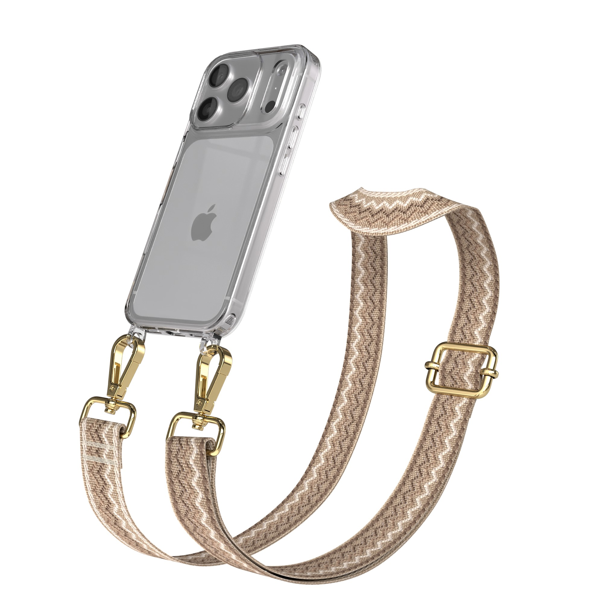 Eine transparente iPhone-Hülle mit goldenen Verschlüssen ist an einem beigefarbenen Riemen mit geometrischem Muster und goldener Schnalle befestigt.