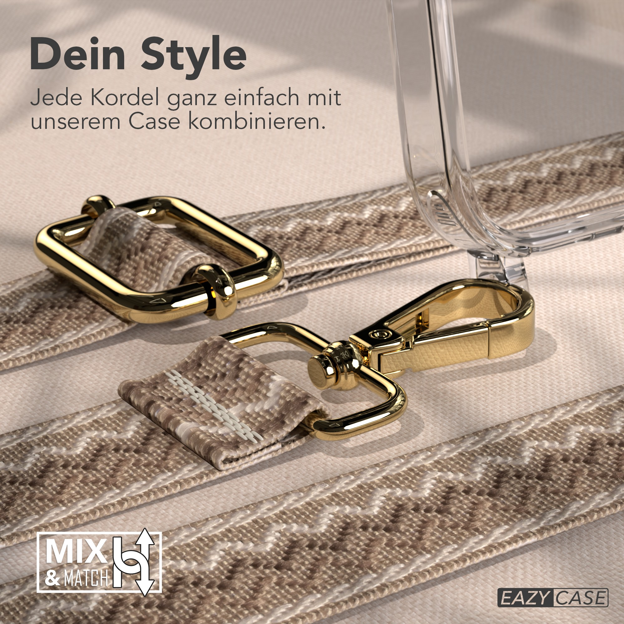 Goldene Hardware und beiger Riemen. Transparente Handyhülle auf beigem Untergrund mit Text.