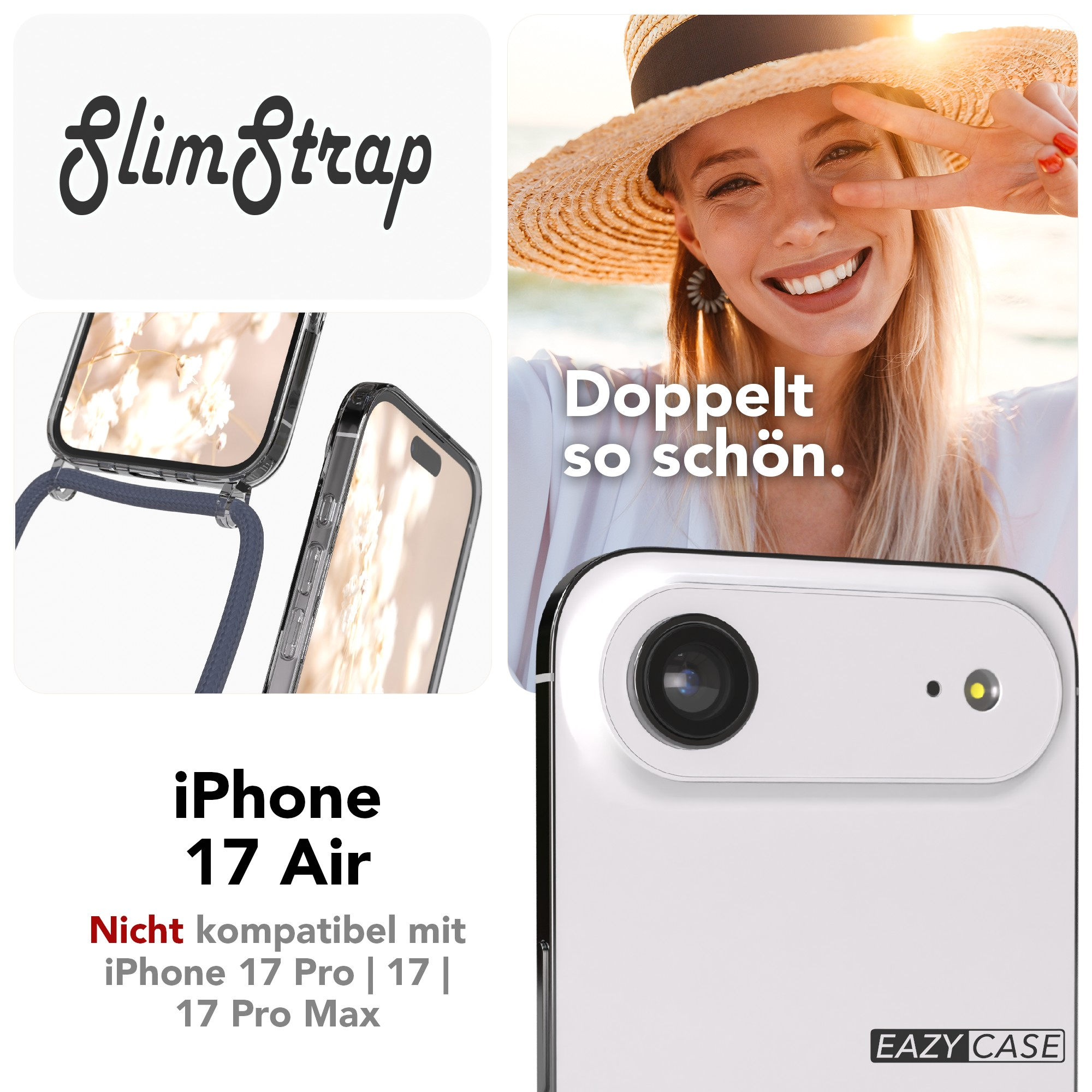 Bild mit Text und einer Frau. Der Text wirbt für SlimStrap und iPhone 17 Air. Die Frau lächelt mit einem Friedenszeichen.