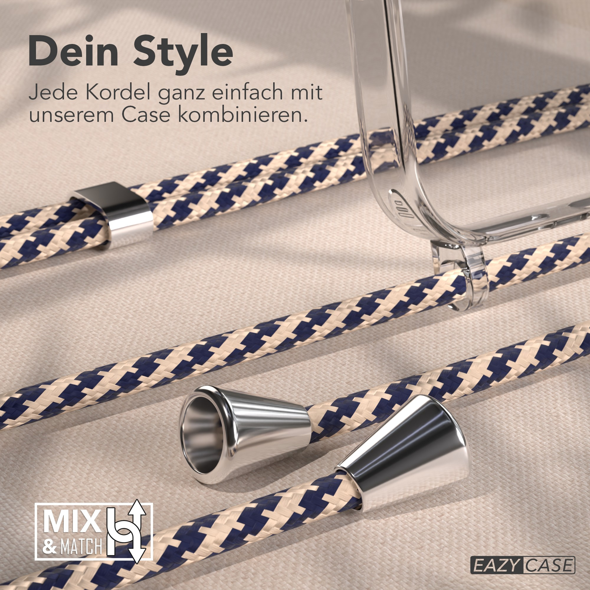 Nahaufnahme von Handyhülle mit gemusterten Kordeln und silbernen Metallakzenten. Text: Dein Style, Mix & Match, EAZY CASE.