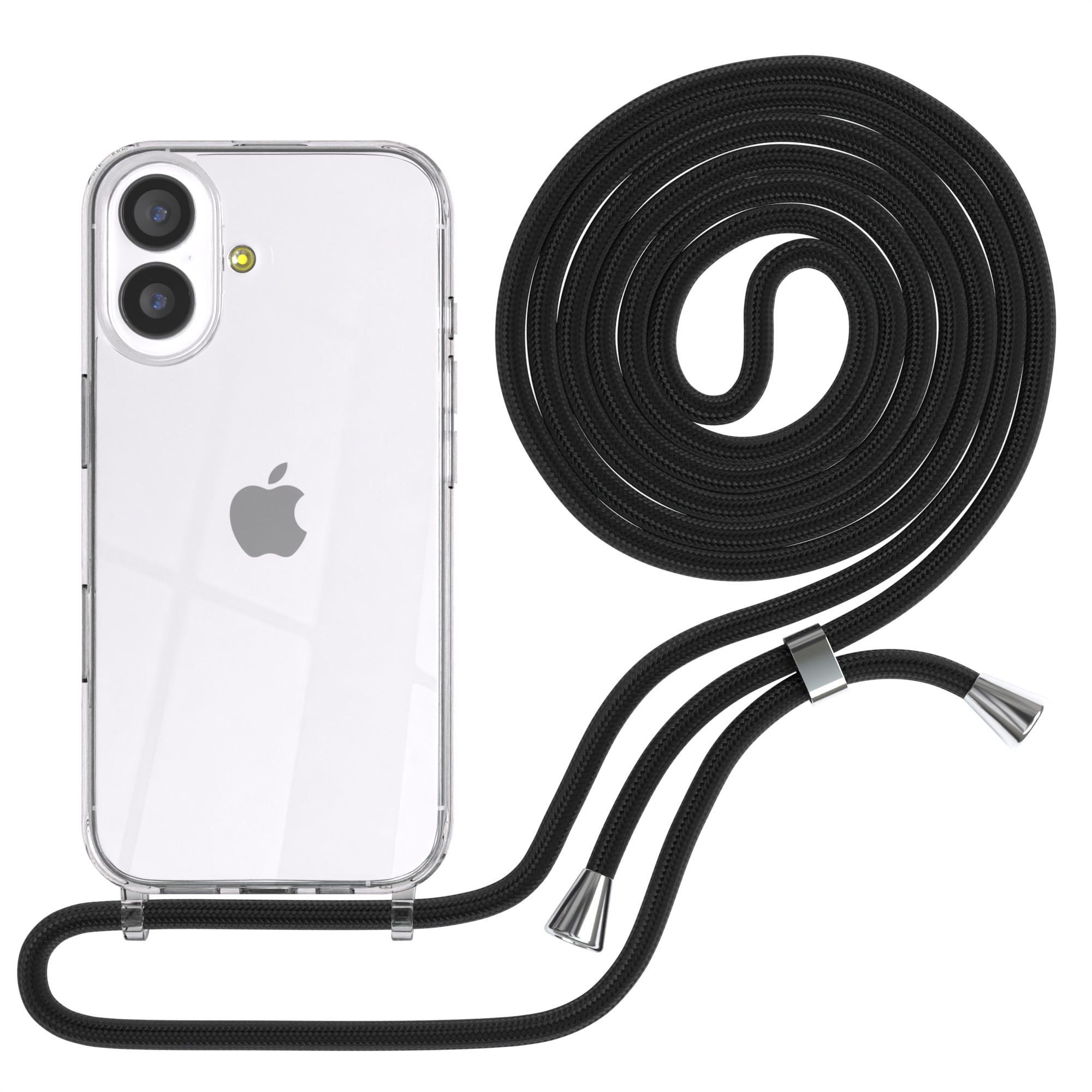 Eine transparente iPhone-Hülle mit einem schwarzen Umhängeband. Das Band ist aufgerollt und hat einen silbernen Metallverschluss und Spitzen.