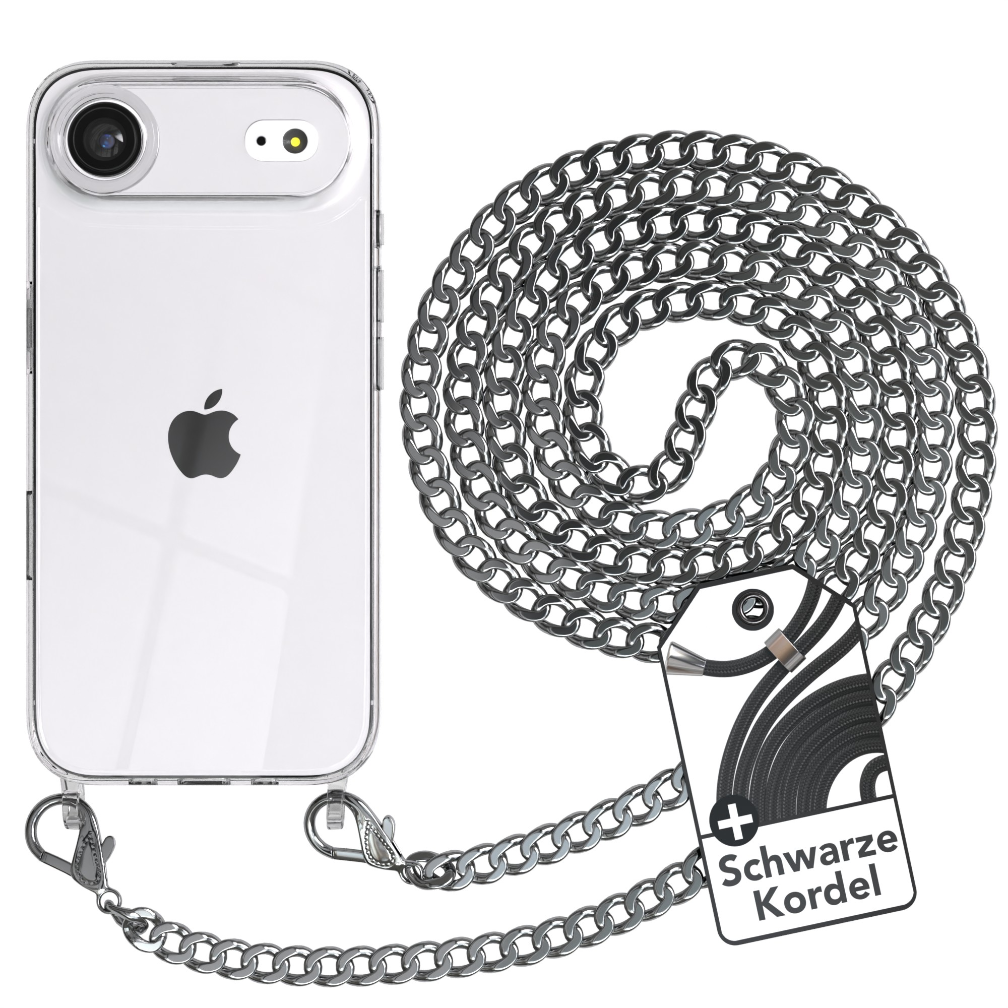 Eine transparente iPhone-Hülle mit einer Silberkette, ein Etikett mit 'Schwarze Kordel'.