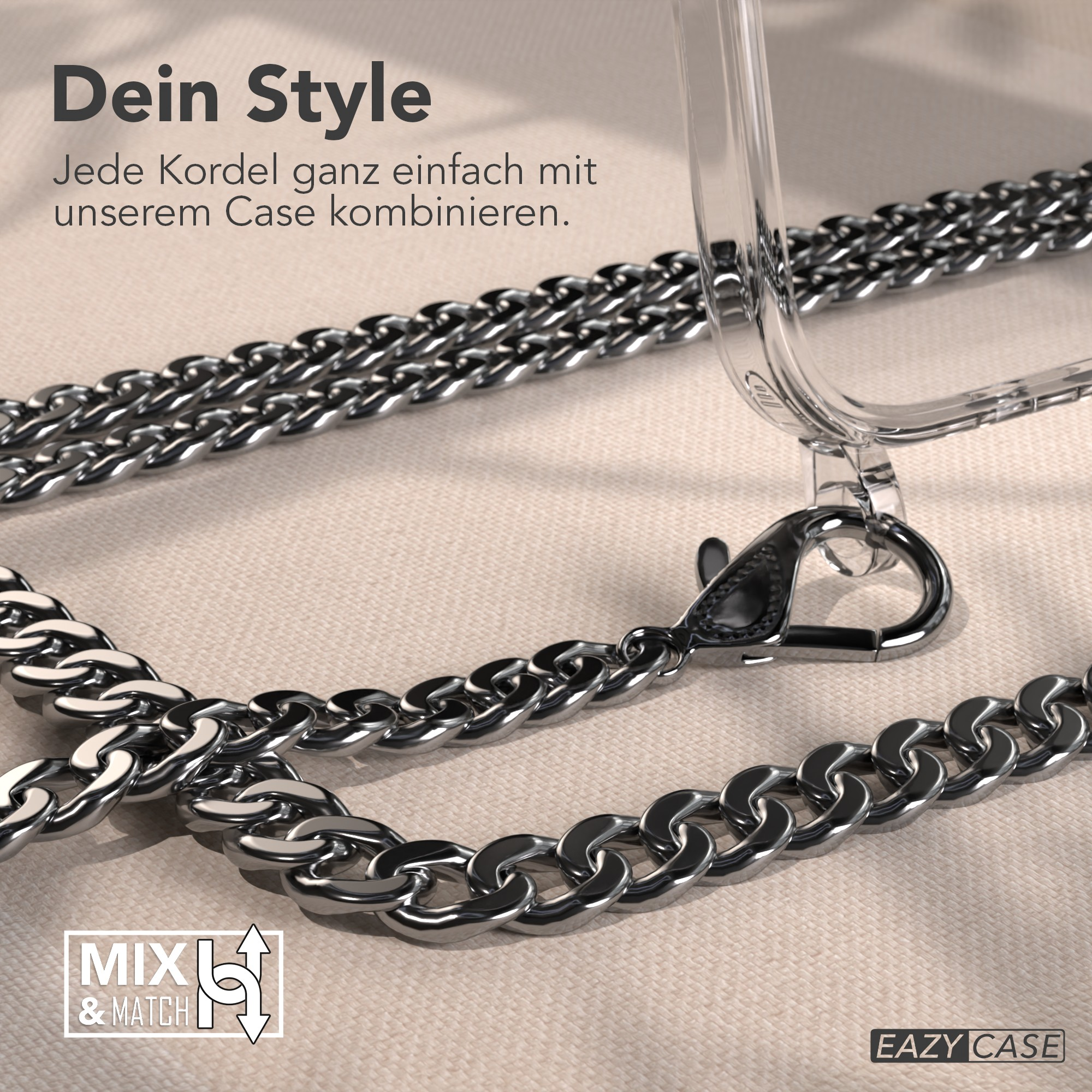 Silberkette und transparente Handyhülle vor beigem Stoffhintergrund. Text: Mix & Match, EAZY CASE.