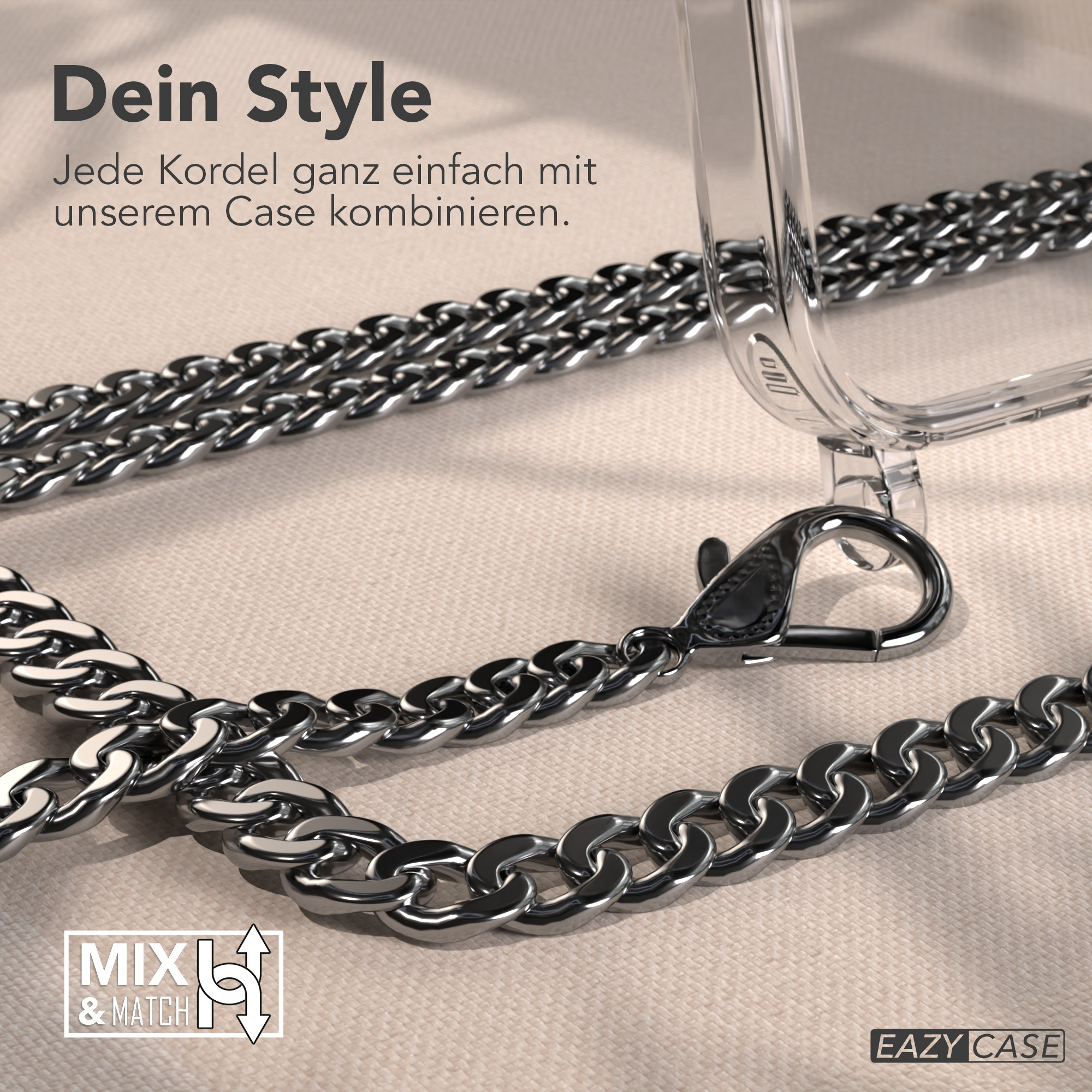 Nahaufnahme einer silbernen Kette und einer durchsichtigen Handyhülle. Text oben: 'Dein Style'.