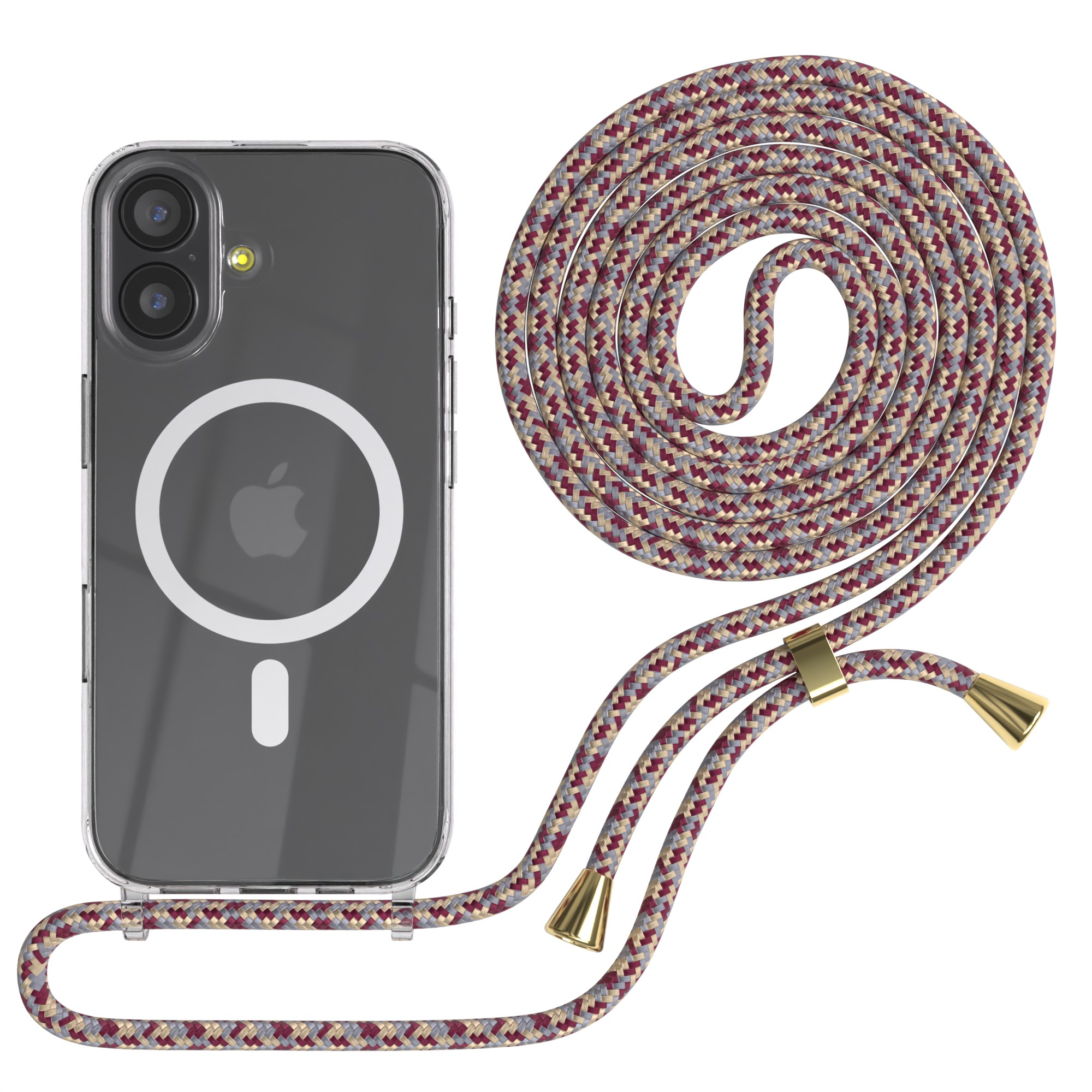 Transparente Handyhülle mit mehrfarbigem Seilriemen. Das Telefon hat zwei Kameras und ein weißes Apple-Logo.