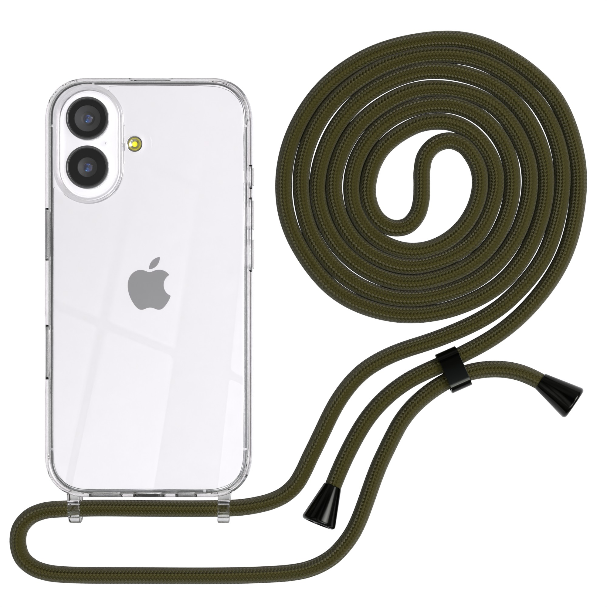 Transparente Handyhülle mit Apple-Logo, olivgrünes Lanyard aufgerollt und schwarze Anschlüsse. Weißer Hintergrund.
