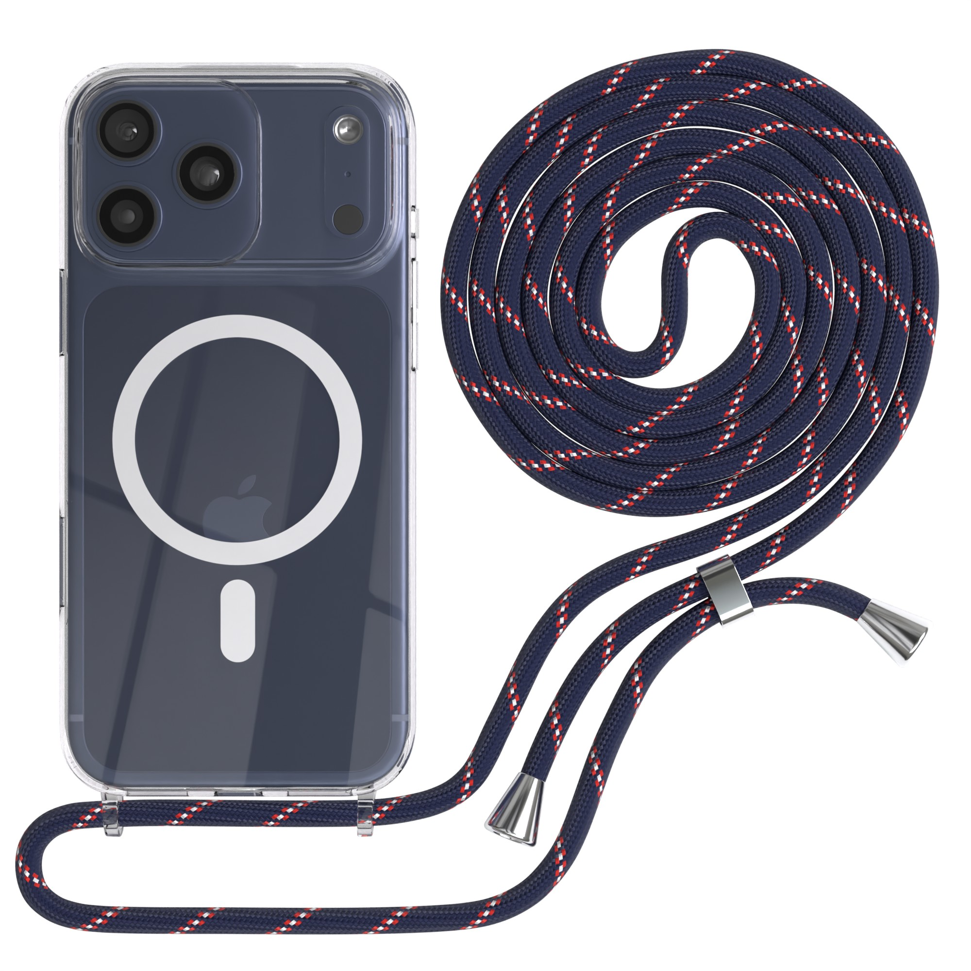 Transparente Handyhülle mit marineblauem Schlüsselband, akzentuiert mit Rot und Weiß. Telefon hat drei Kameras. Weißer Hintergrund.