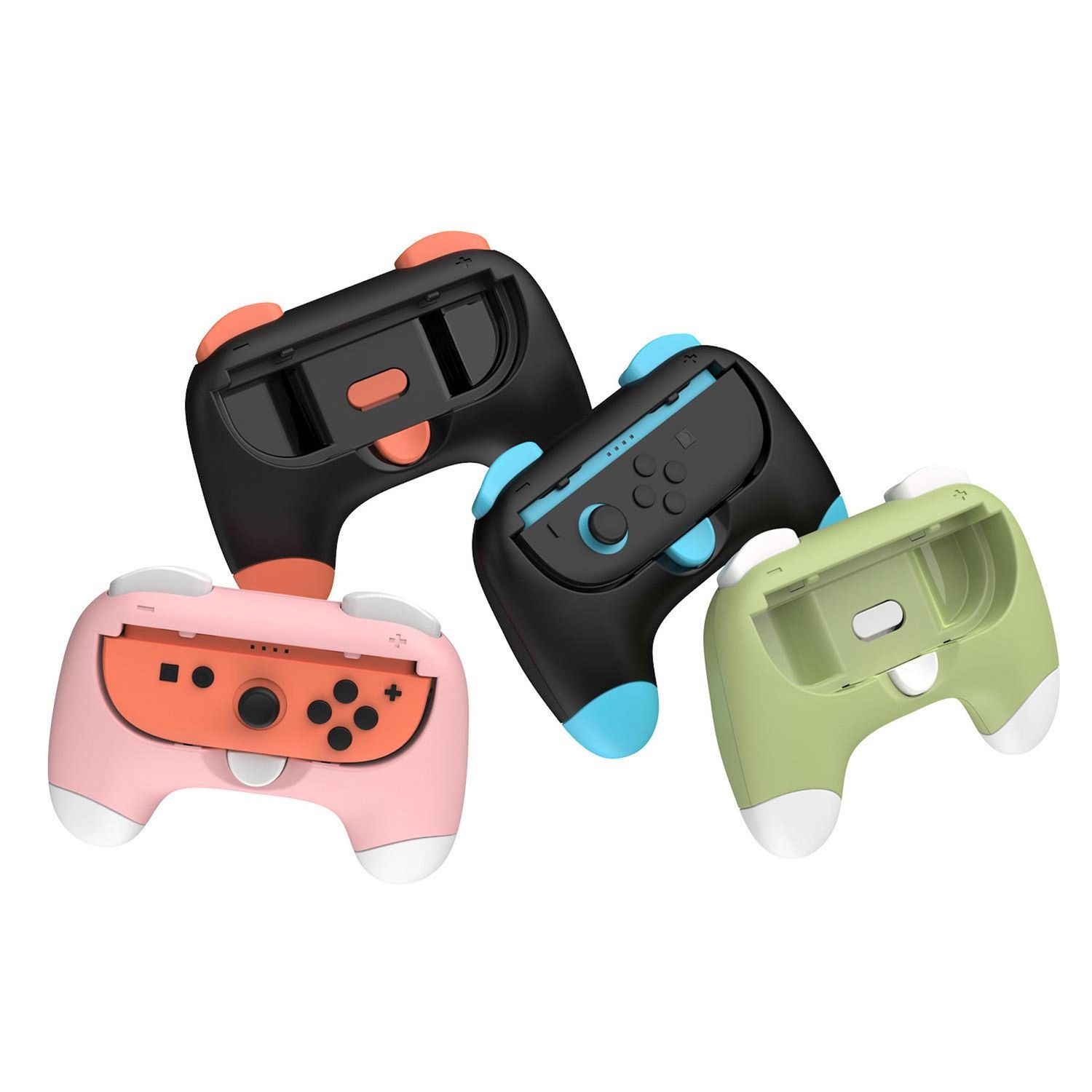 Vier bunte Gamecontroller-Hüllen. Schwarz, rosa, blau und grün. Jede hat eine andere Knopf- und Griffarbe, alles auf weißem Hintergrund.