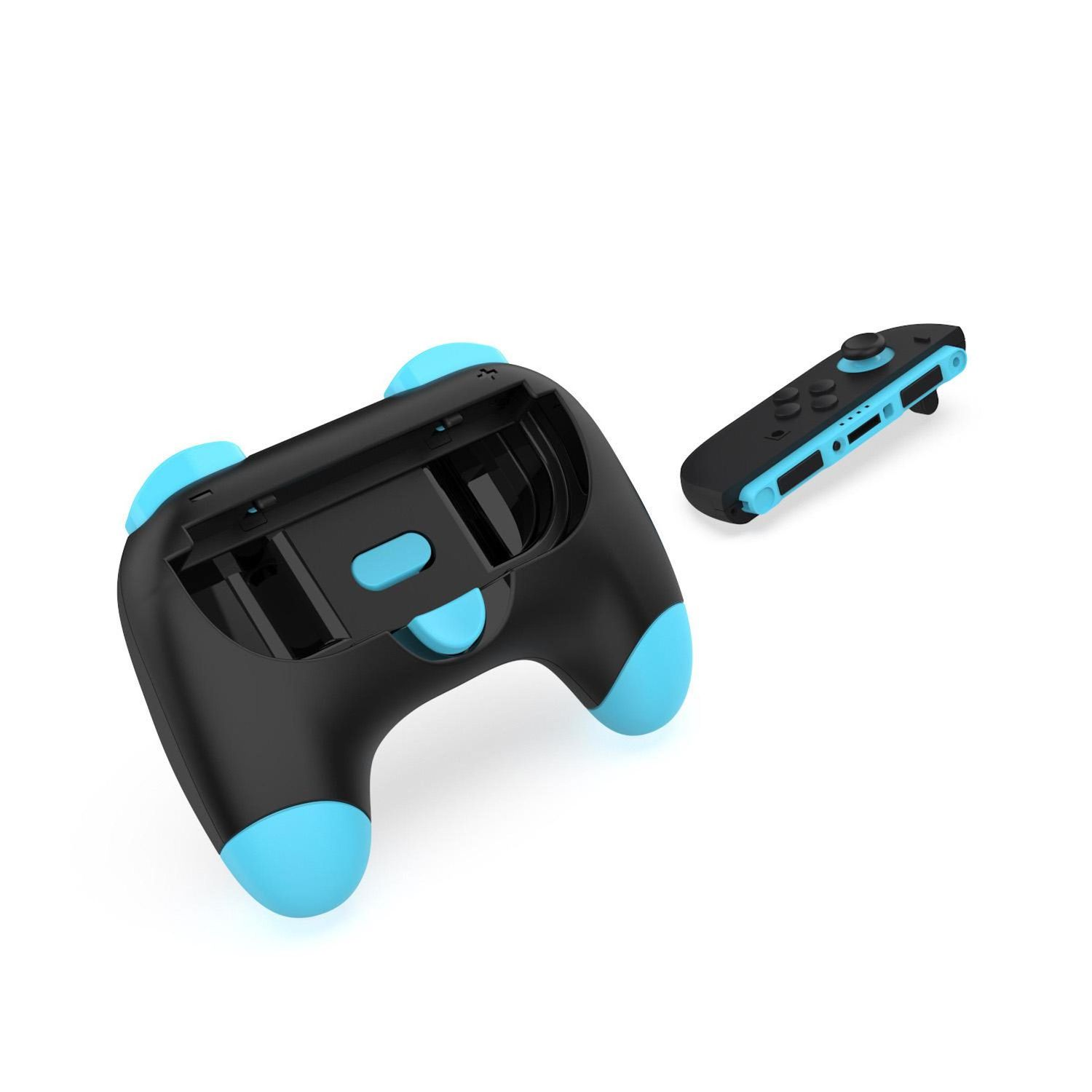 Schwarze und blaue Gamecontroller-Teile. Ein Hauptkörper mit blauen Akzenten und ein abnehmbares Seitenteil sind sichtbar.