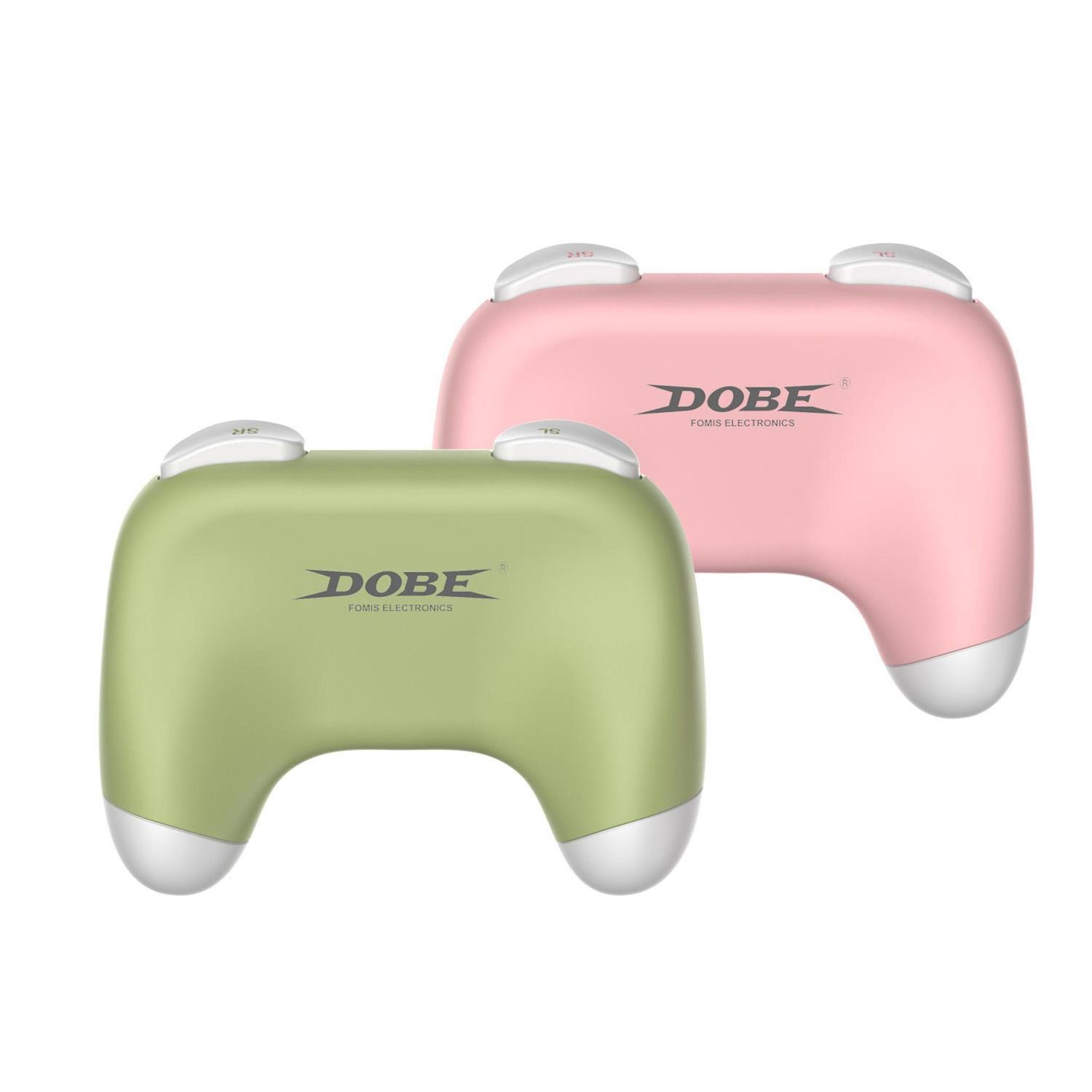 Zwei Gamecontroller. Einer ist grün, der andere rosa. Beide haben weiße Knöpfe und das 'DOBE'-Logo.