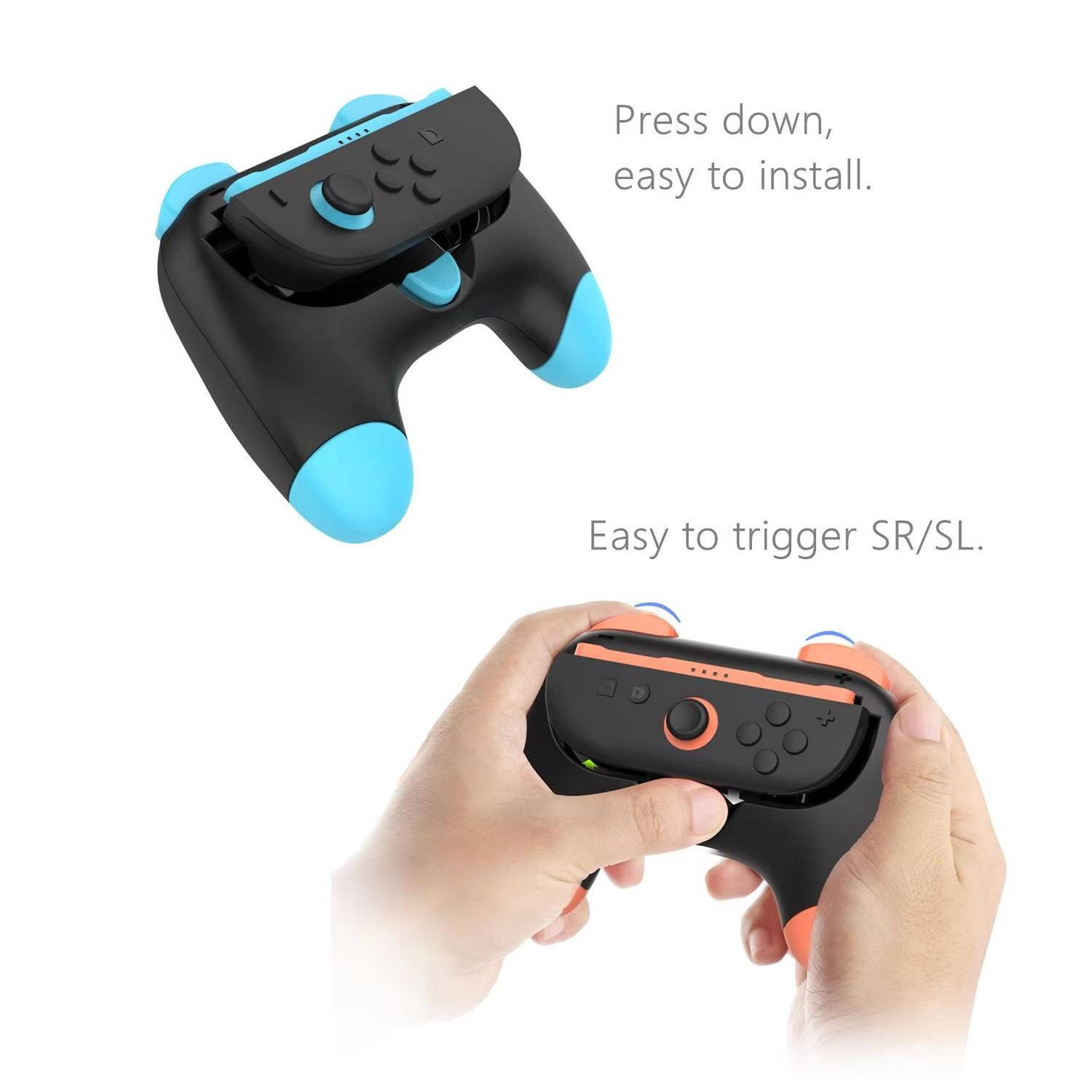 Ein schwarz-blauer Gamecontroller wird gezeigt. Einer ist abgenommen, einer in Händen. Der Text lautet: Nach unten drücken, einfach zu installieren.