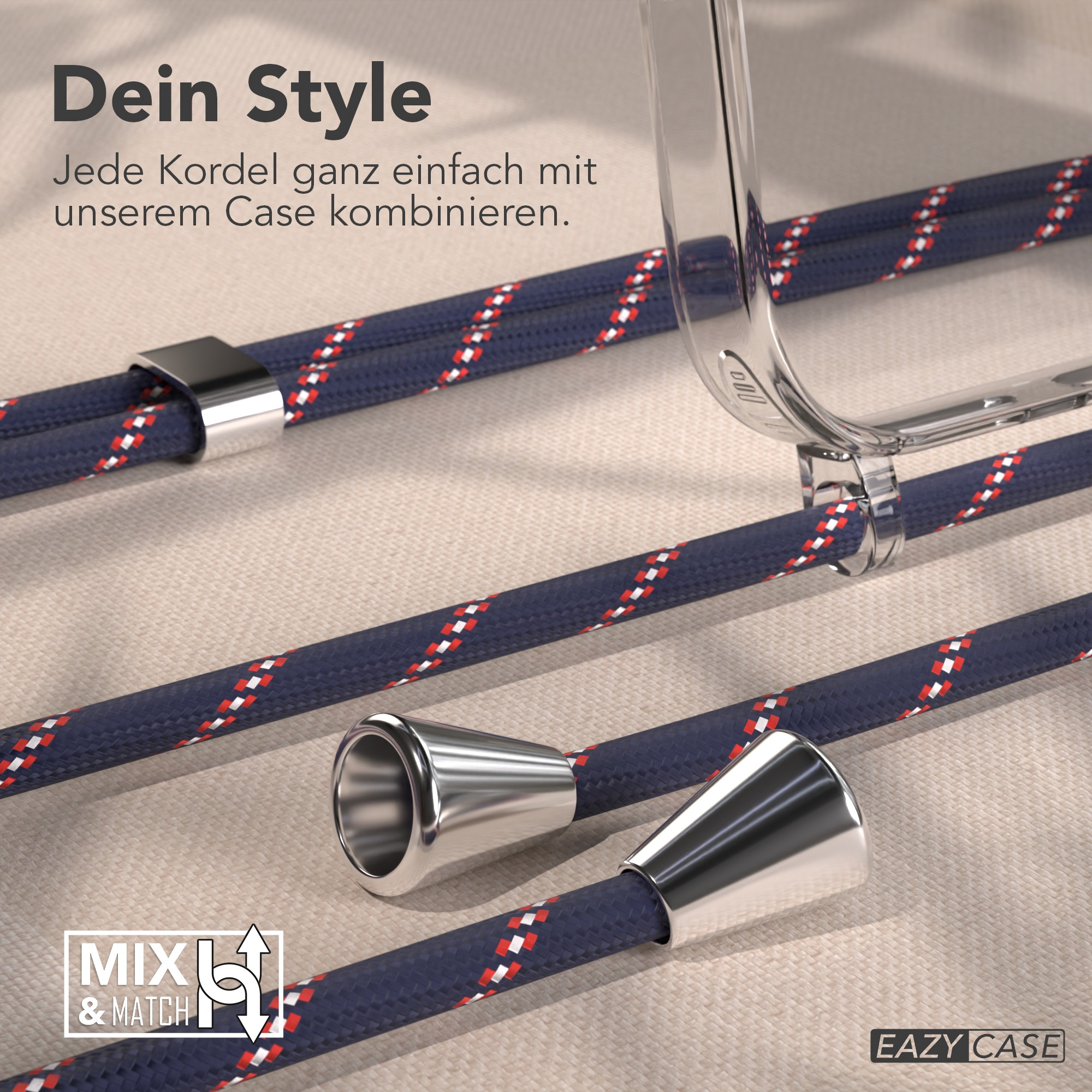 Marineblaue Kordeln mit roten und weißen Akzenten, silberne Metallakzente und eine transparente Handyhülle. Text: "Mix & Match".