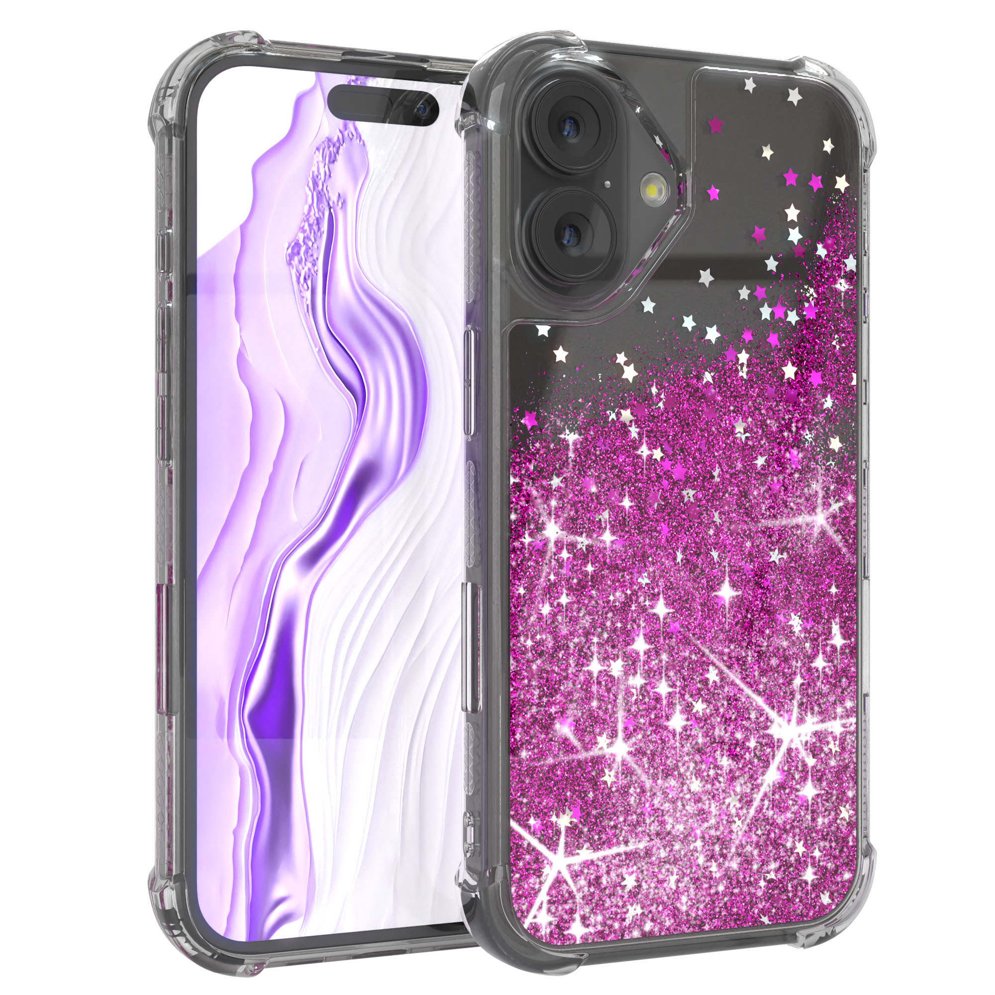 Transparente Handyhülle mit pinkfarbenem Glitzerdesign und Sternakzenten. Ein Handy befindet sich in der Hülle, das einen lila Farbverlauf zeigt.