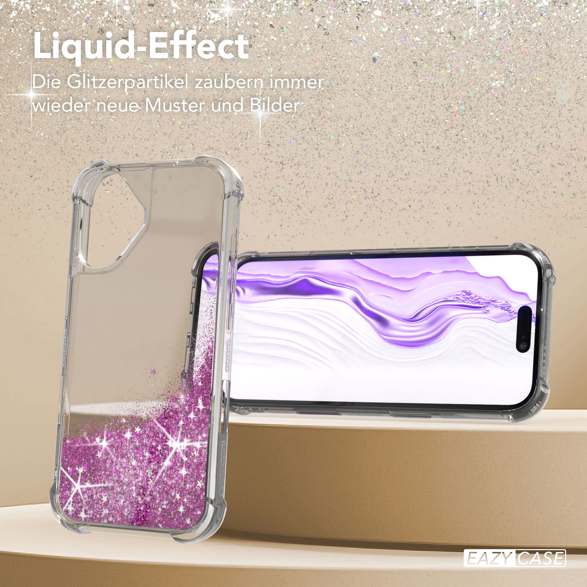 Eine Handyhülle mit pinkfarbenem Glitzer und einem Telefon. Der Hintergrund hat auch Glitzer.