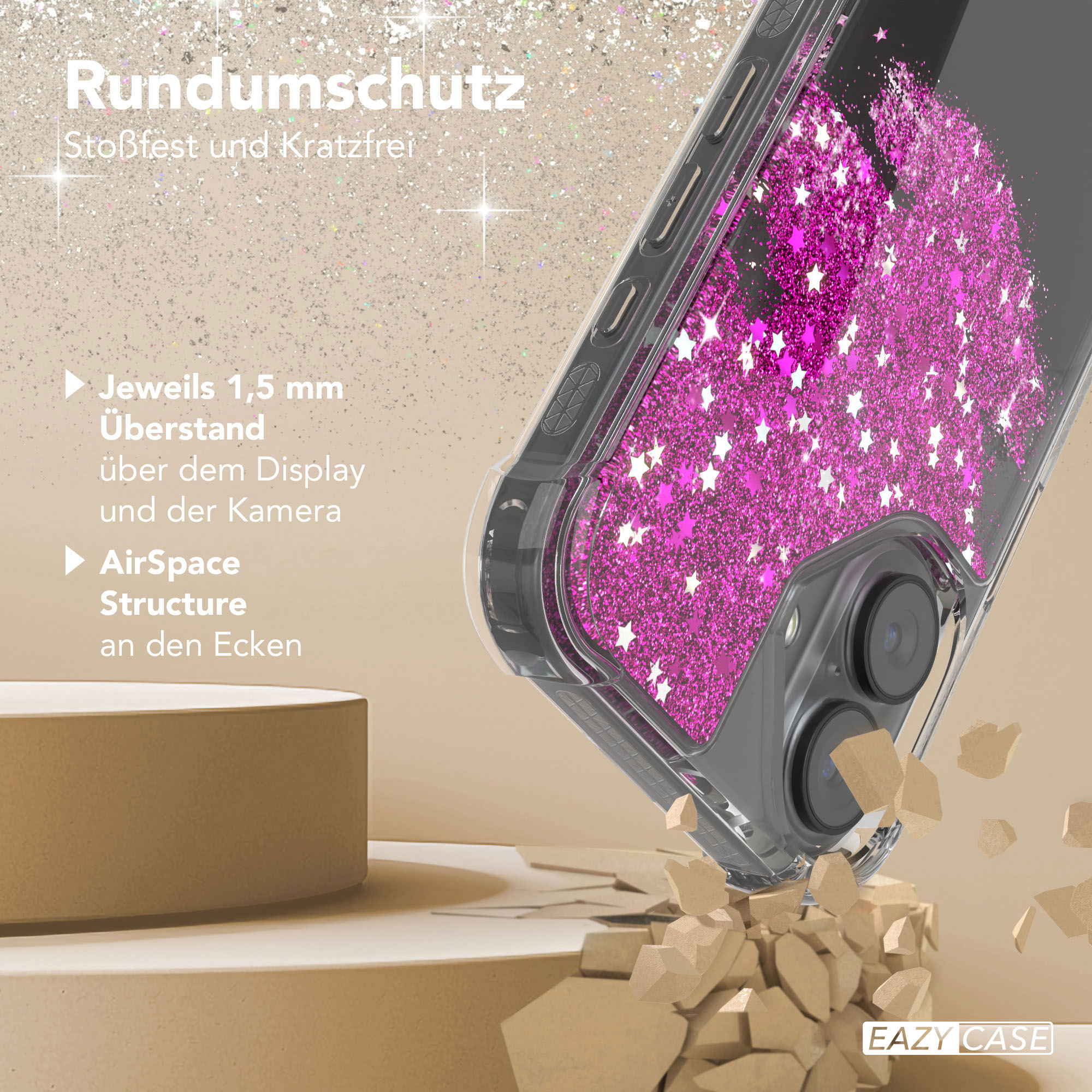 Handyhülle mit pinkem Glitzer und weißen Sternen, Text 'Rundumschutz', auf beigem Hintergrund mit zerbrochenem Boden.