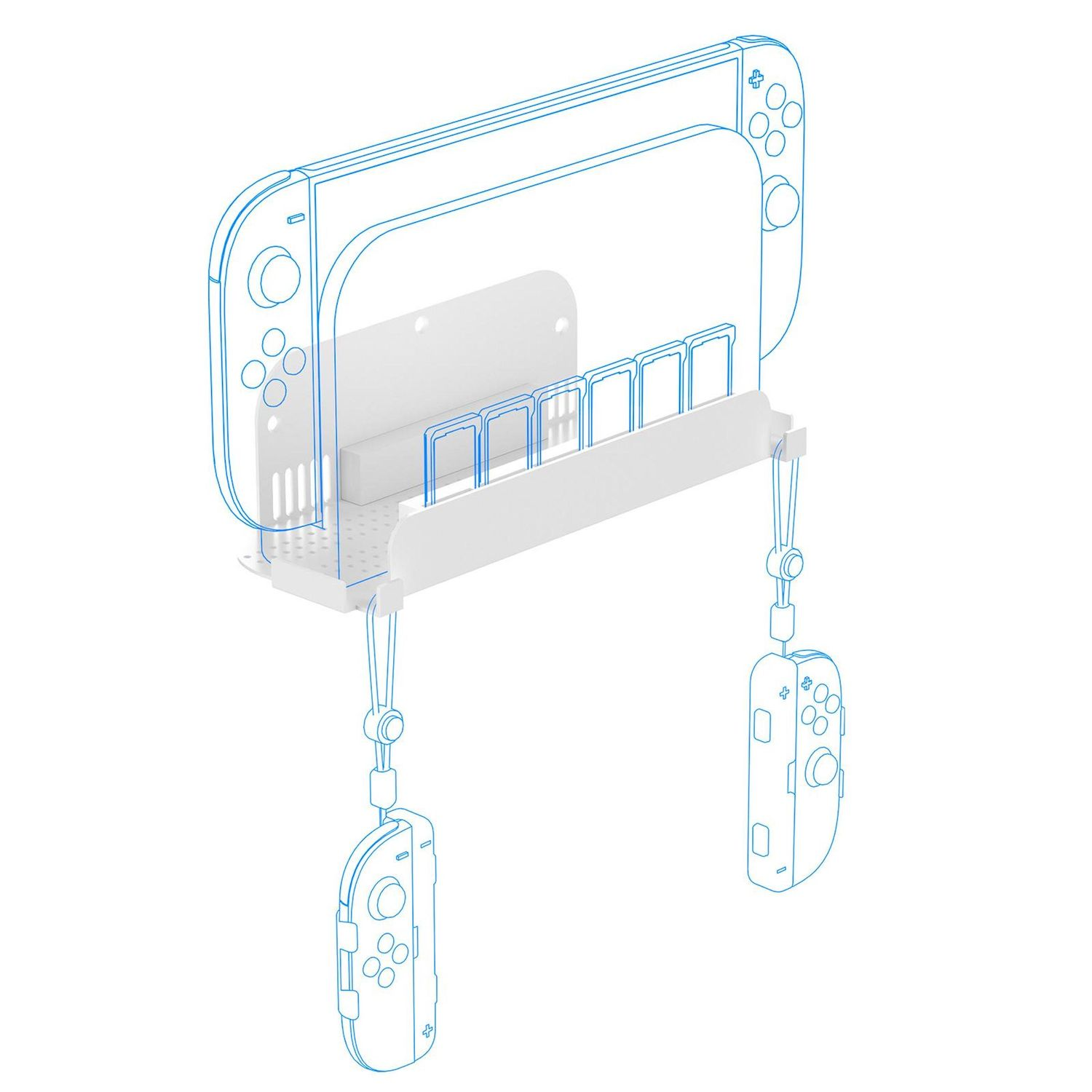 Ein weißer Nintendo Switch-Ständer mit Spielkartenfächern und Controllern, die darunter hängen. Blau umrandet auf weißem Hintergrund.