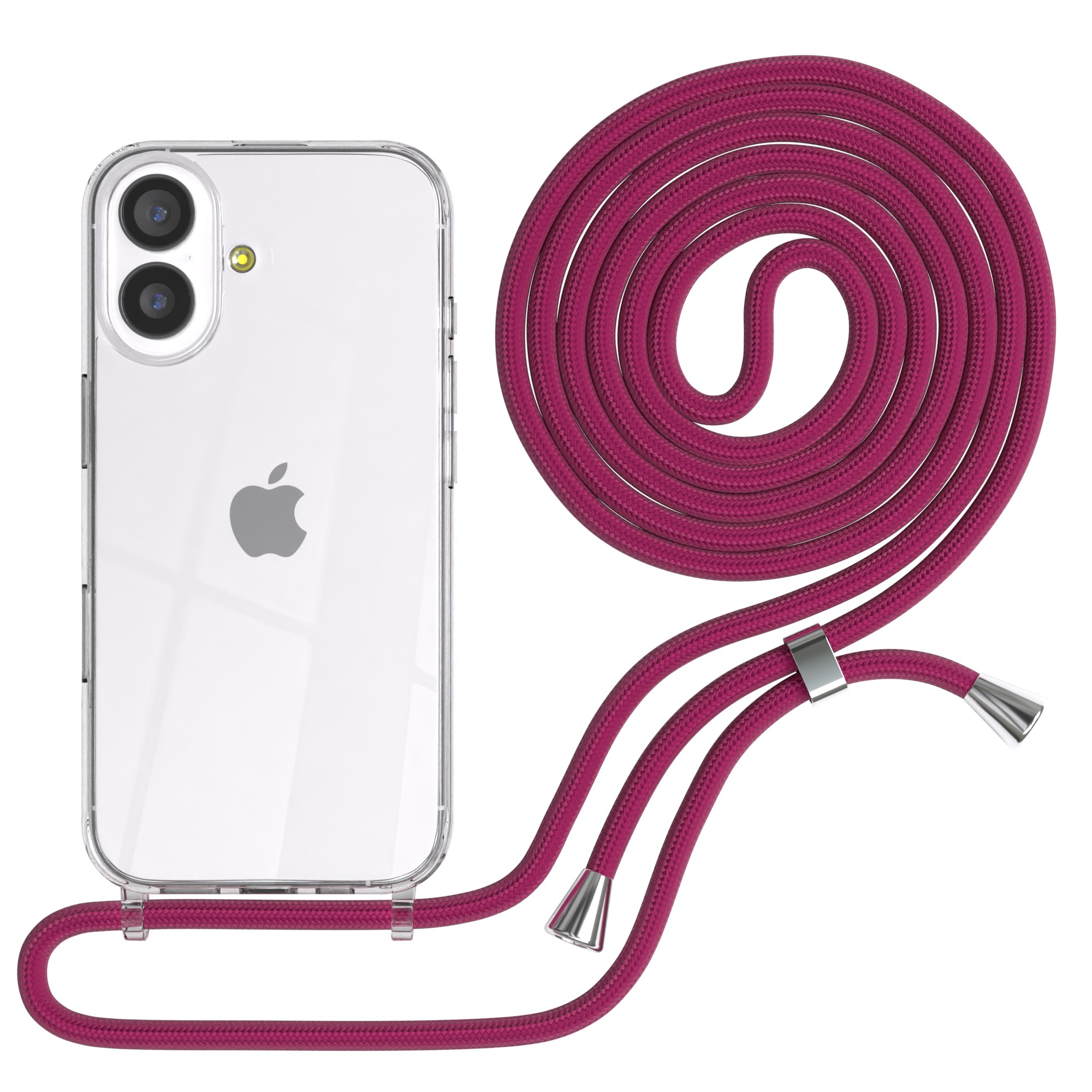 Transparente Handyhülle mit magentafarbenem Umhängeband. Das Band ist geschlungen und an der Hülle befestigt. Weißer Hintergrund.