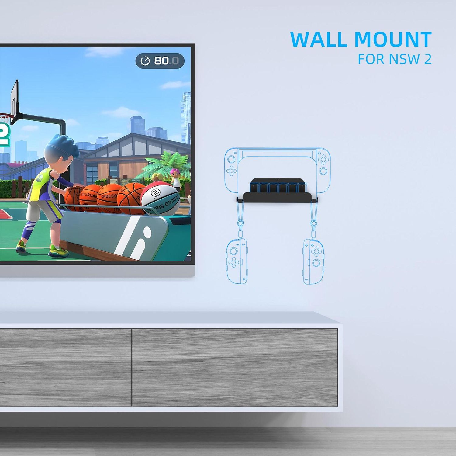Ein Fernseher zeigt ein Basketballspiel. An der Wand ist eine blaue Umrisszeichnung einer Wandhalterung für eine Spielkonsole zu sehen. Darunter ein Schrank.