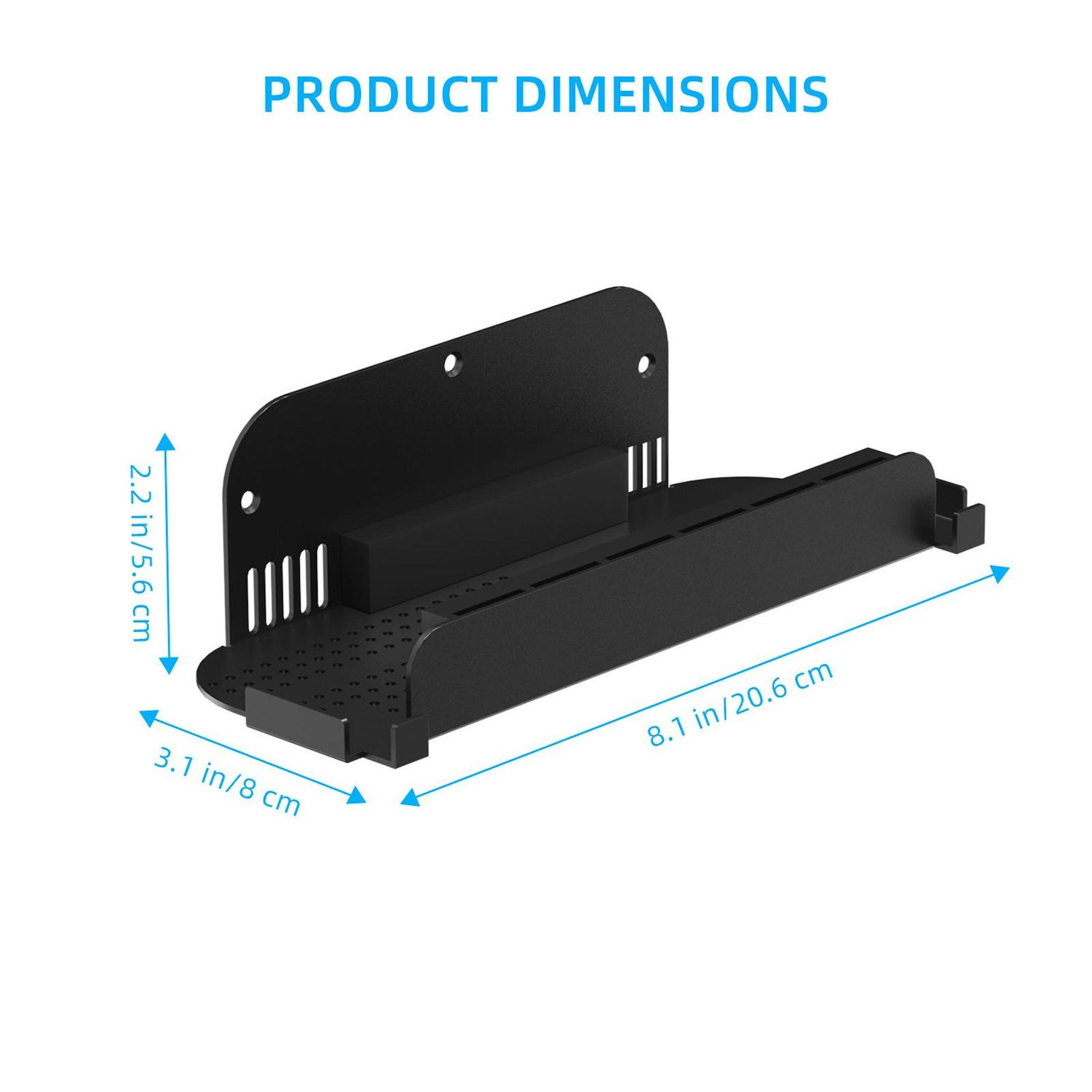 Ein schwarzes Regal mit Produktabmessungen. Es hat drei Seiten und eine flache Basis. Die Abmessungen sind 2,2 Zoll, 3,1 Zoll und 8,1 Zoll.